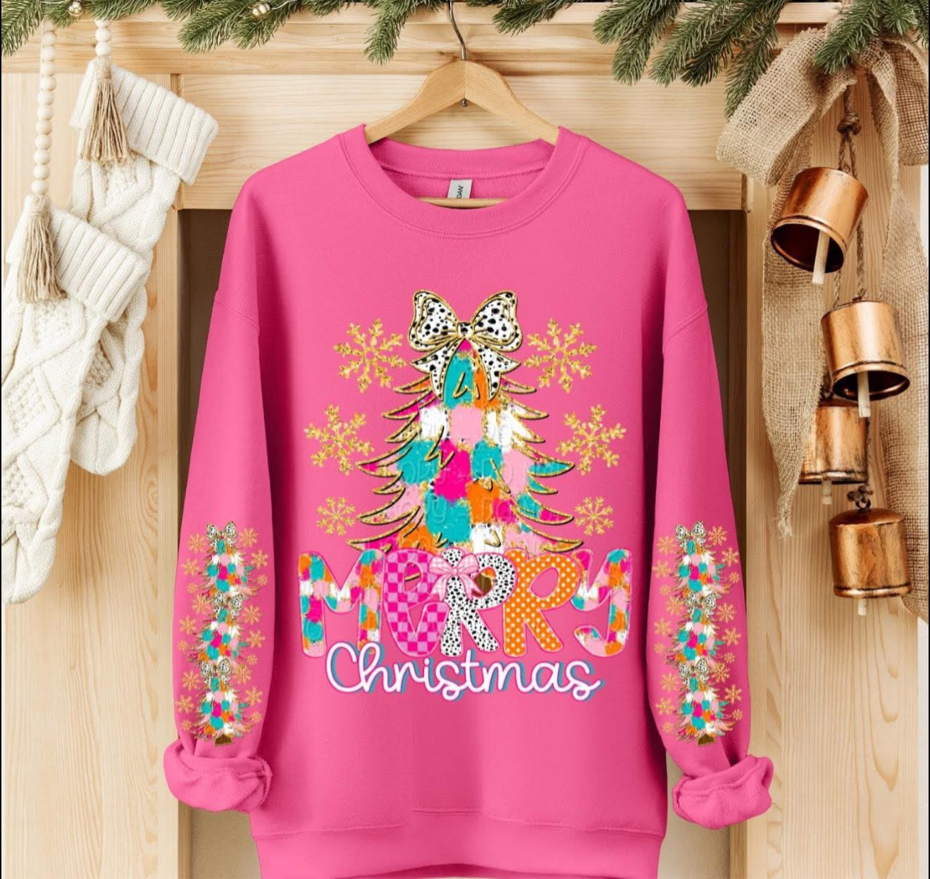 Merry Christmas with Tree with Bow, Snowflakes - SWEATSHIRT - (Gildan/Jerzee) - DOUBLE ARM DESIGN
