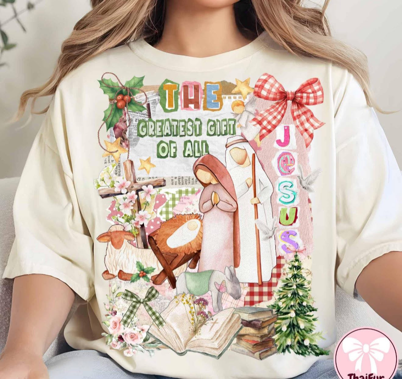 The Greatest Gift of All - Jesus Manger Scene with Red & White Bow - LONG SLEEVE - (Gildan/Jerzee)