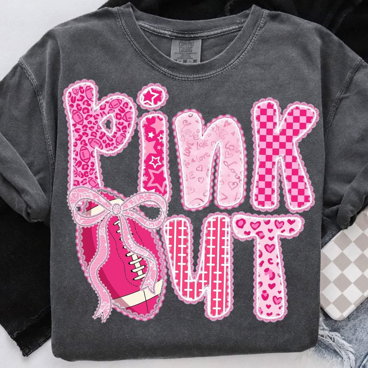 Pink Out with Bow & Football - T SHIRT - (Jerzee/Gildan)