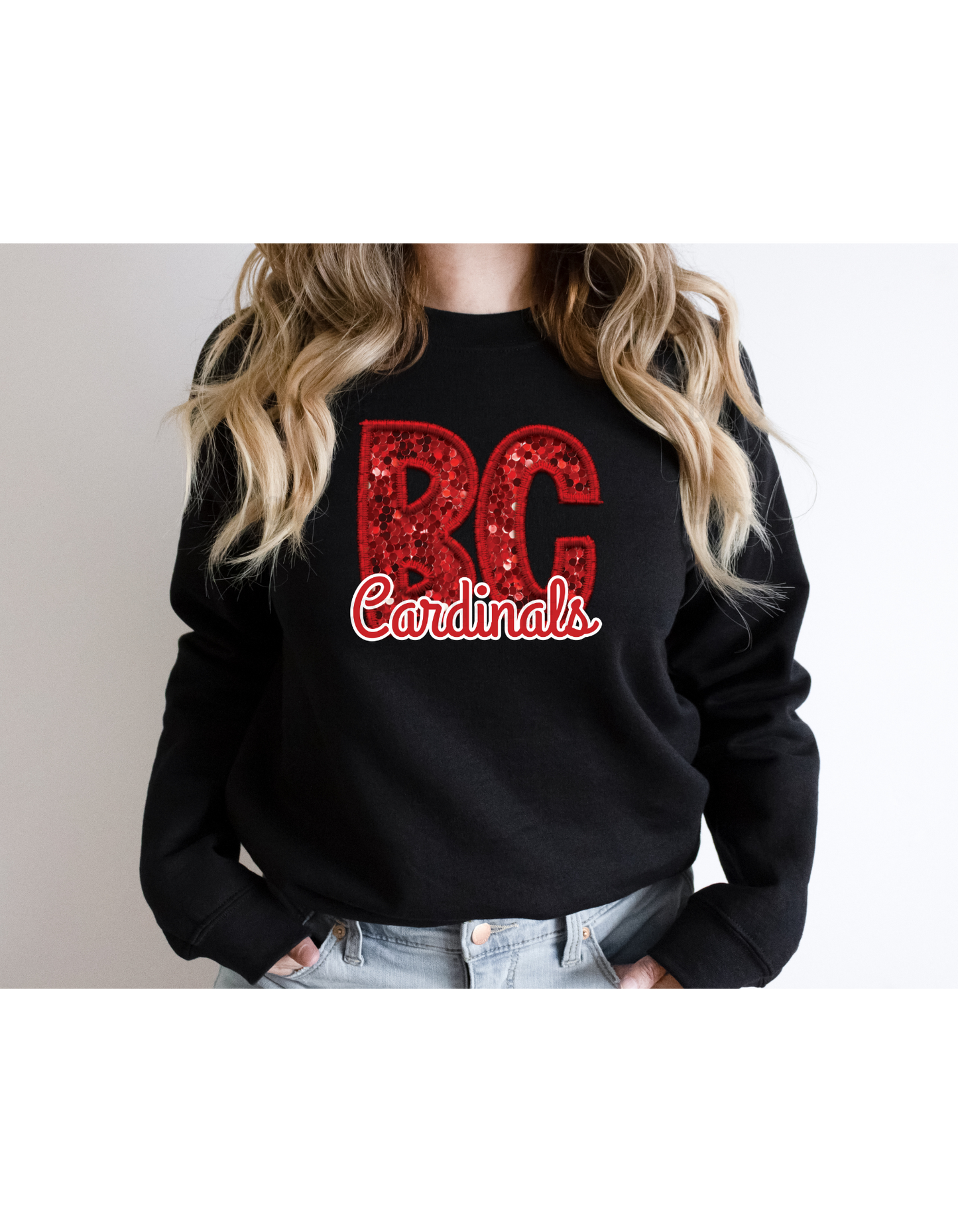 Cardinals Faux Embroidery T-shirt (RED BC- RED AND WHITE CARDINALS CURSIVE)