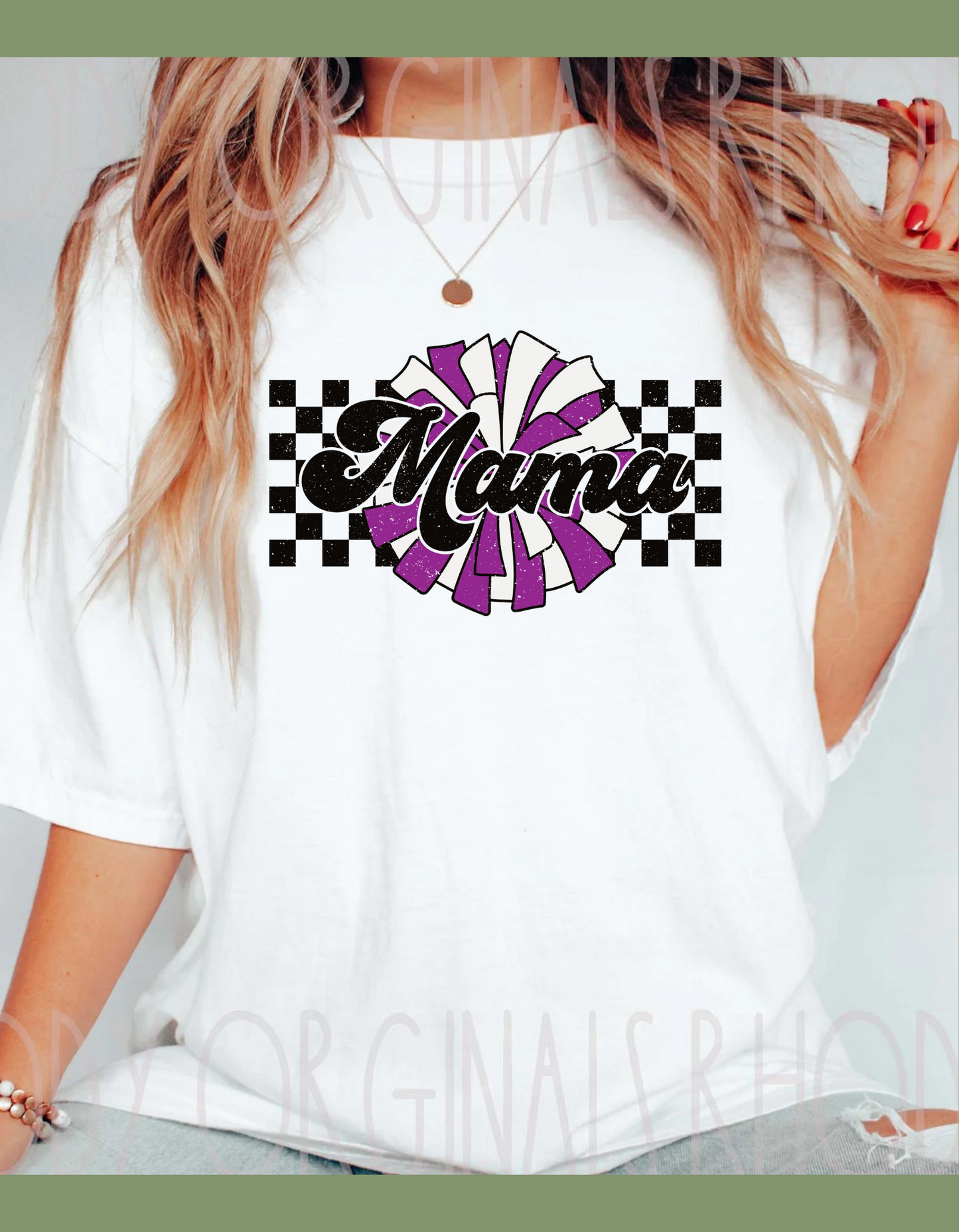 Cheer Mama retro squares and PURPLE and white pom pom