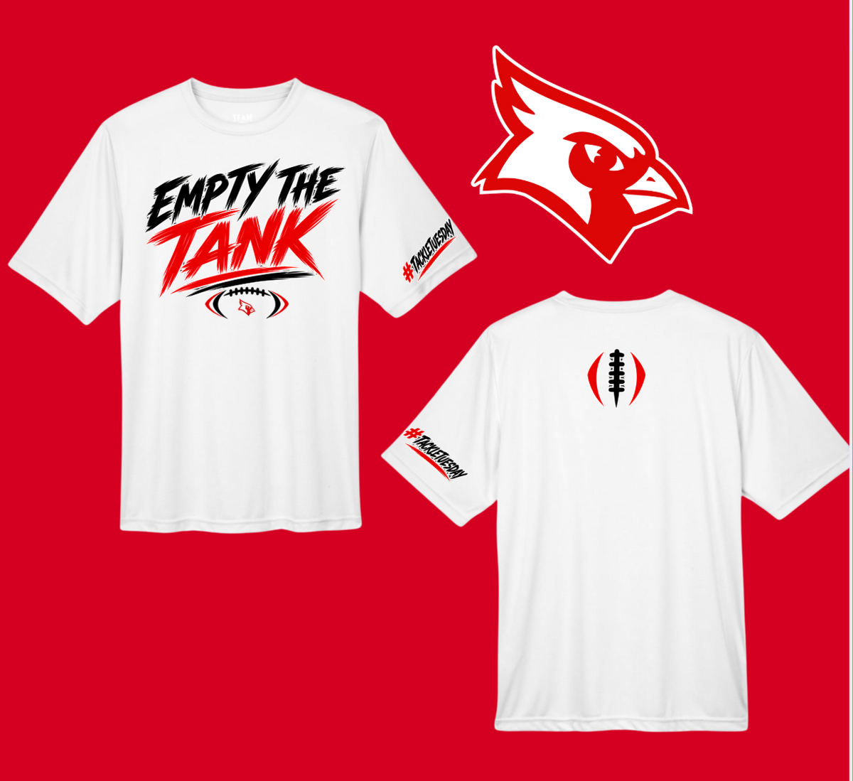BRIDGE CITY CARDINALS FOOTBALL EMPTY THE TANK 1-1008263 --- SHORT SLEEVE--- DRI FIT---------- DUE ASAP 100826LO--------- FRONT FULL, BACK POCKET AND SLEEVE POCKET.