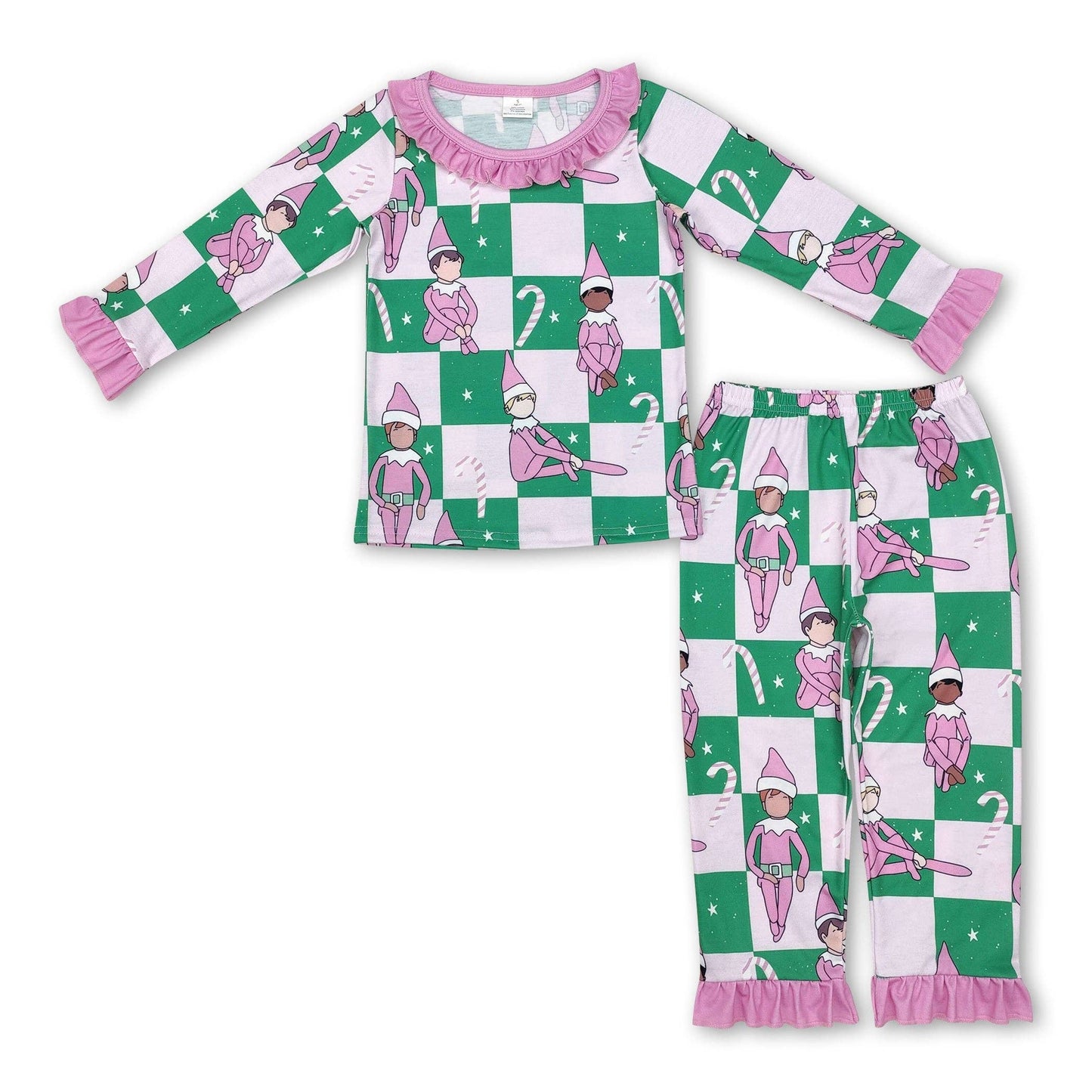Pink elf hat plaid candy cane kids girls pajamas GLP1843
