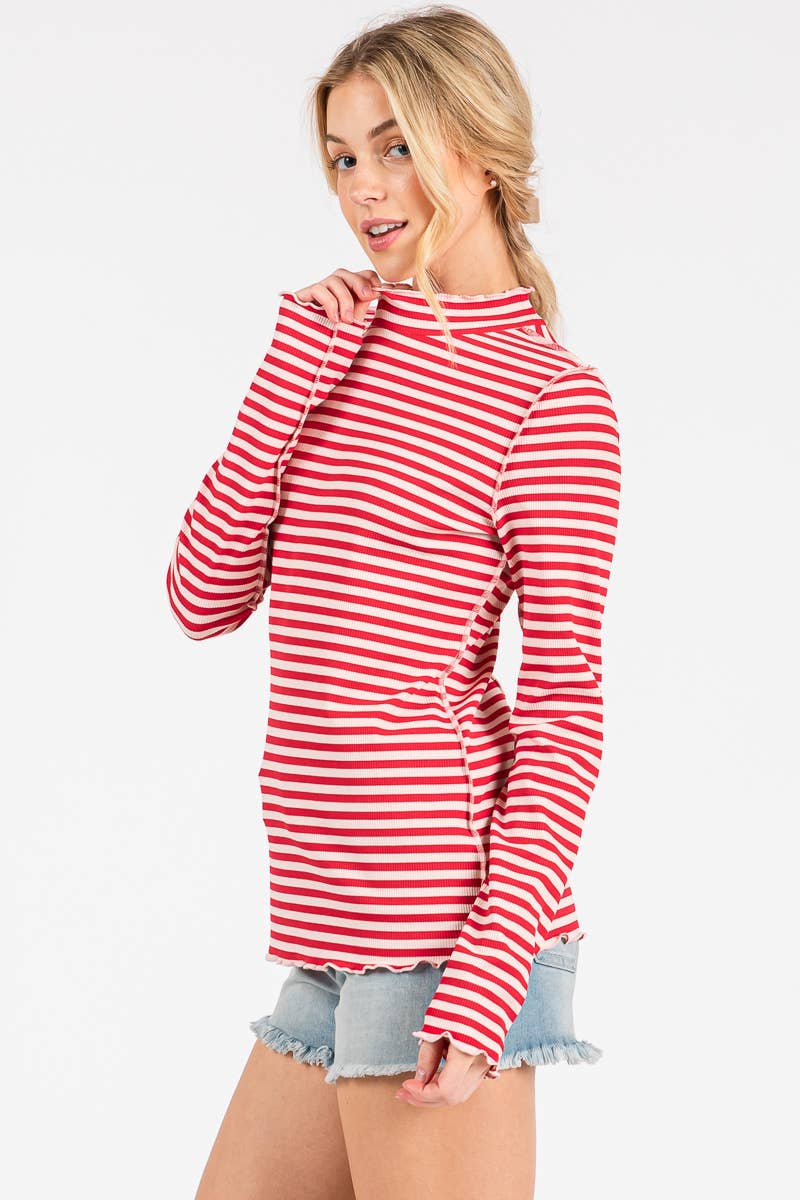 REVERSED STITCH RIBBED STRIPE LONG SLEEVE TOP-RSRSLS