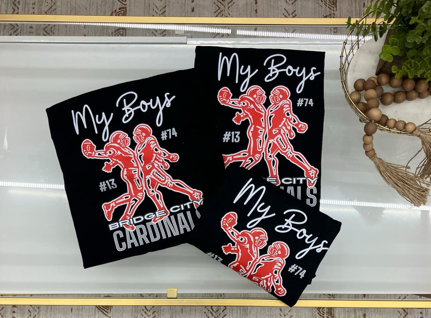 My Boys bridge city cardinals "two football players add custom numbers t-shirt