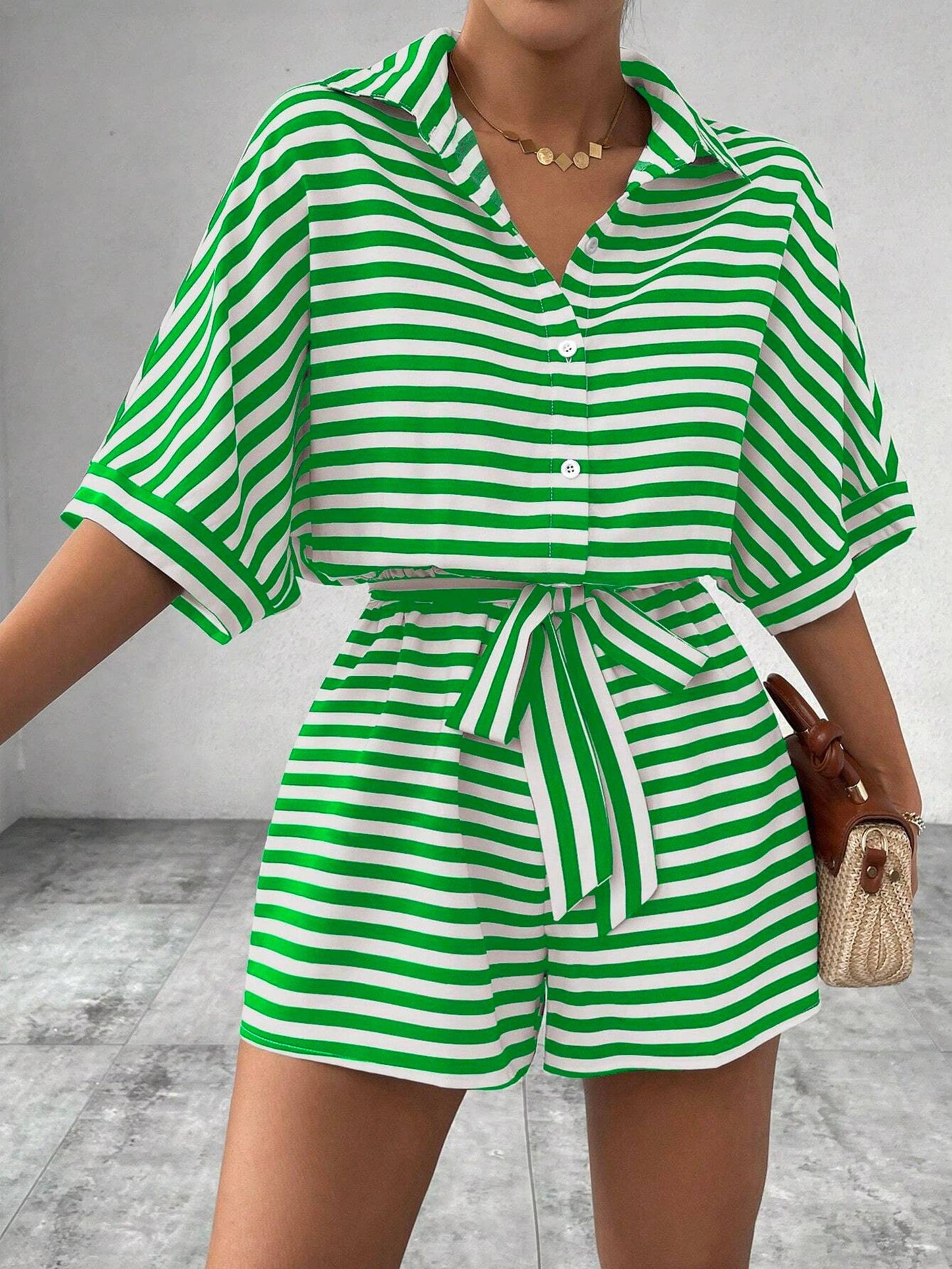 Striped Lapel Button Waistband Shorts Jumpsuit FRAX1
