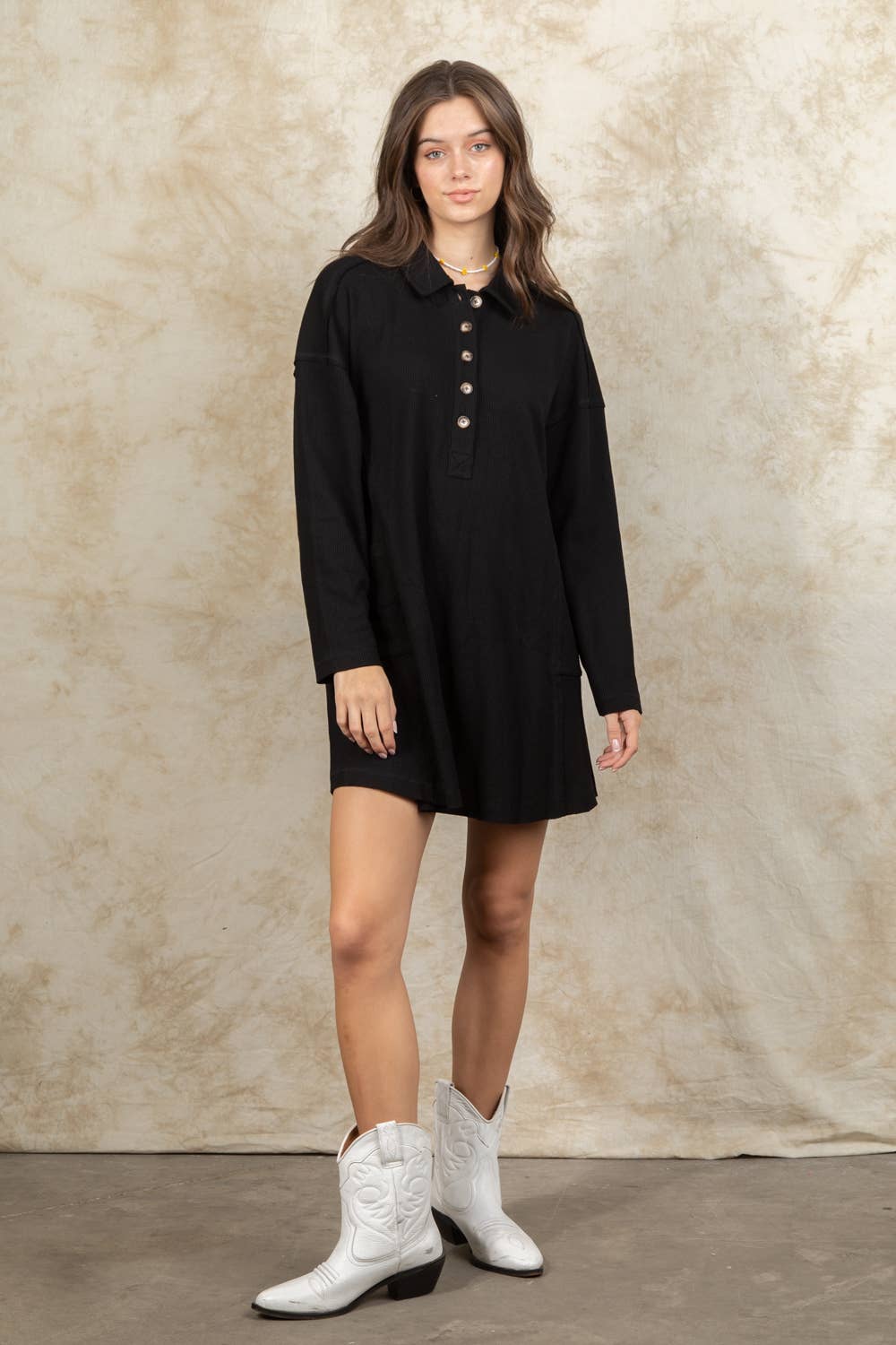 Casual Shirt Collared Knit Henley Mini Dress 31005