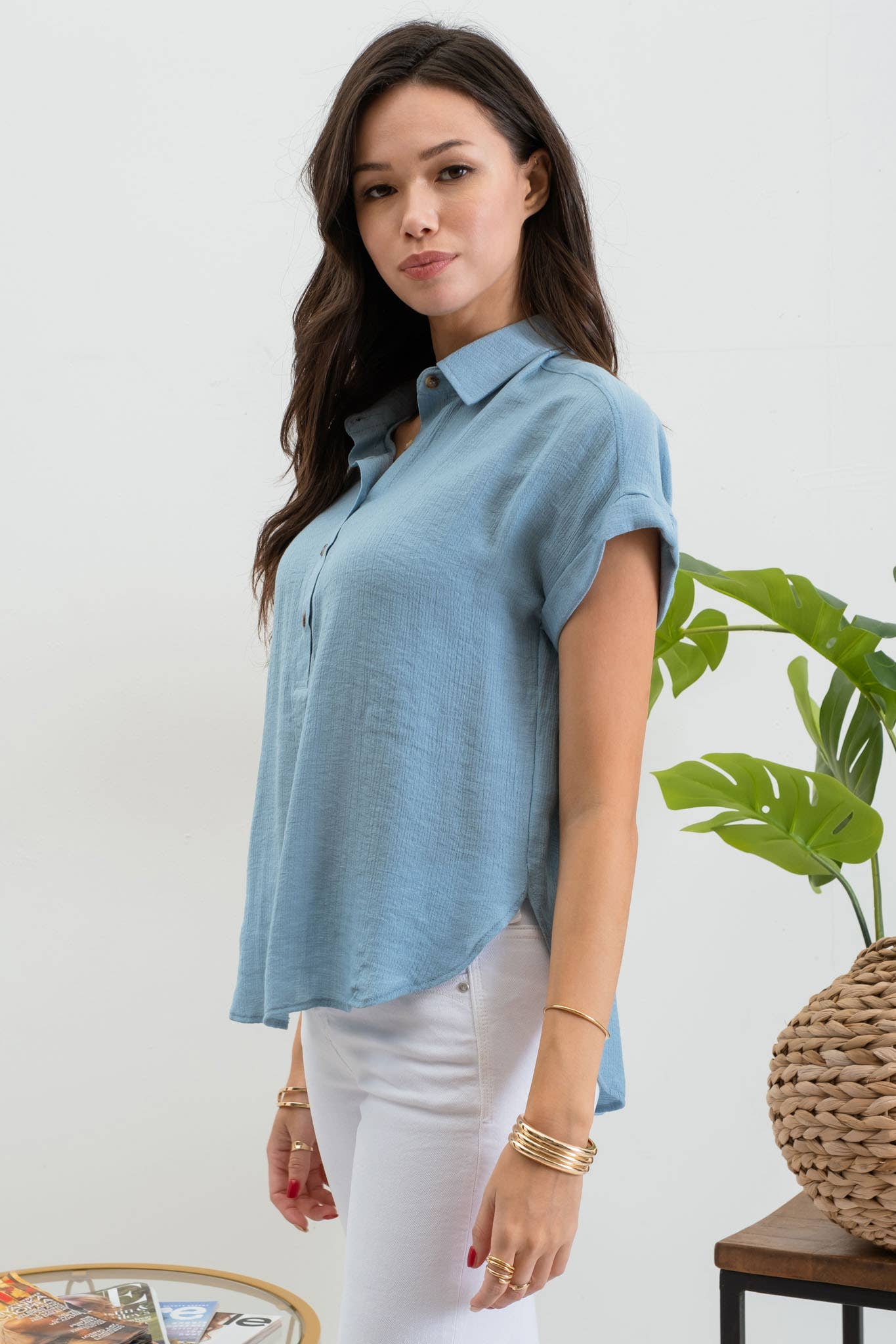 MID BUTTON DOWN CUFFED SHORT SLEEVE TOP CR1980