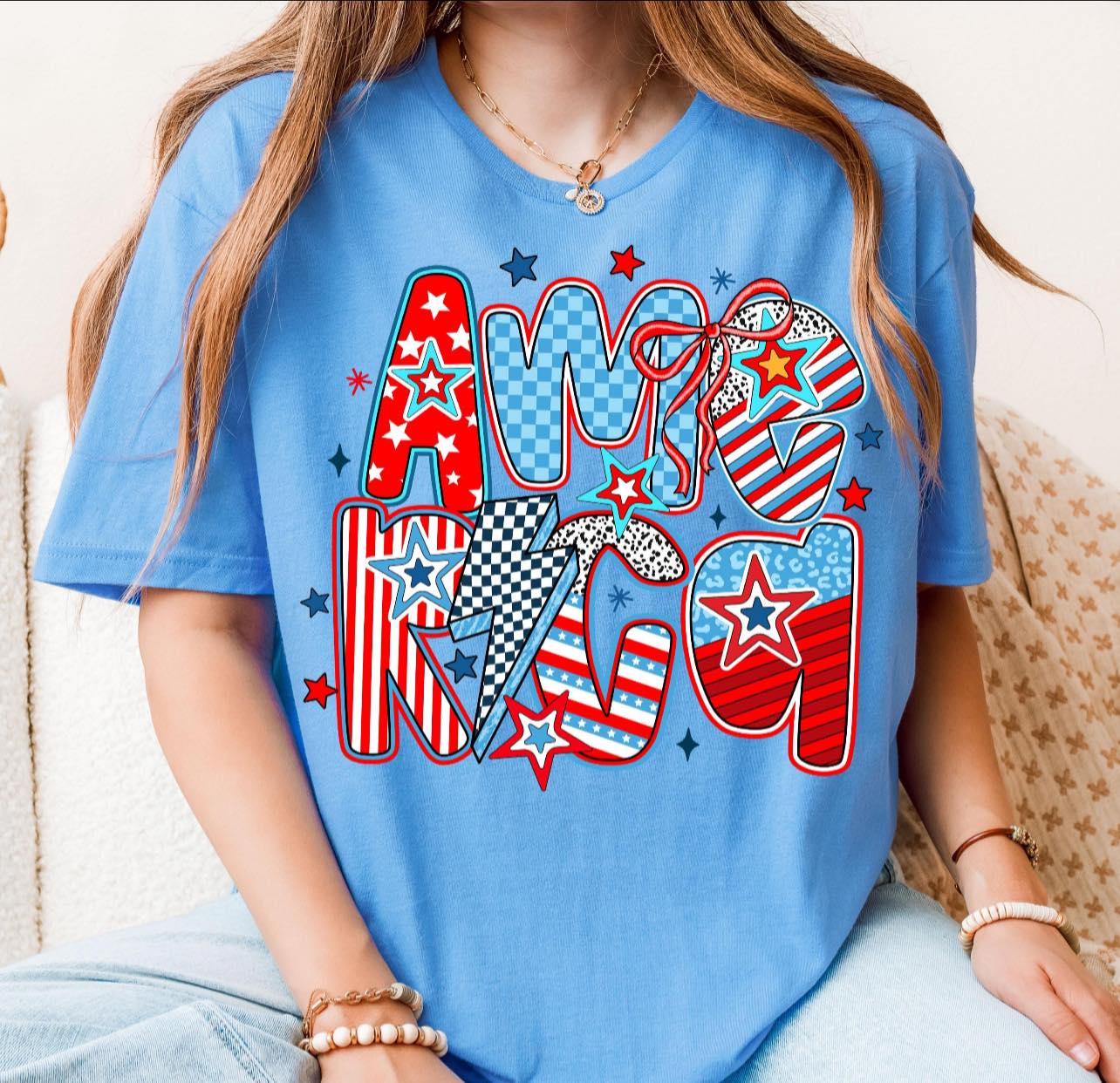 Stacked America with Bolt & Bow - T SHIRT - (Bella)