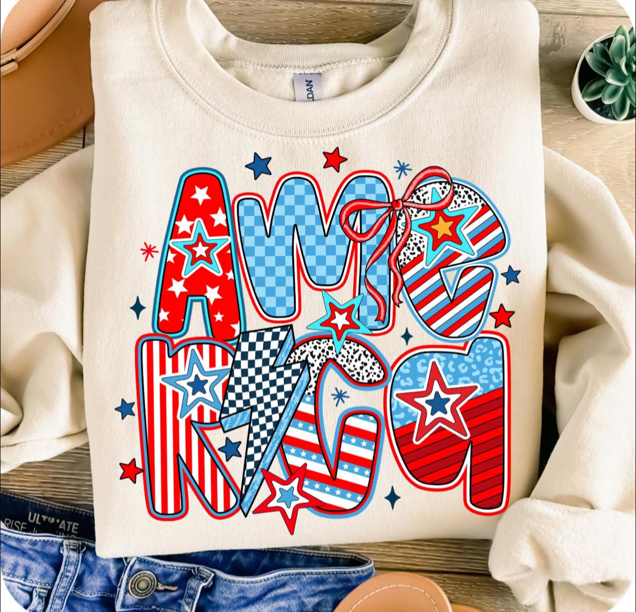 Stacked America with Bolt & Bow - T SHIRT - (Bella)