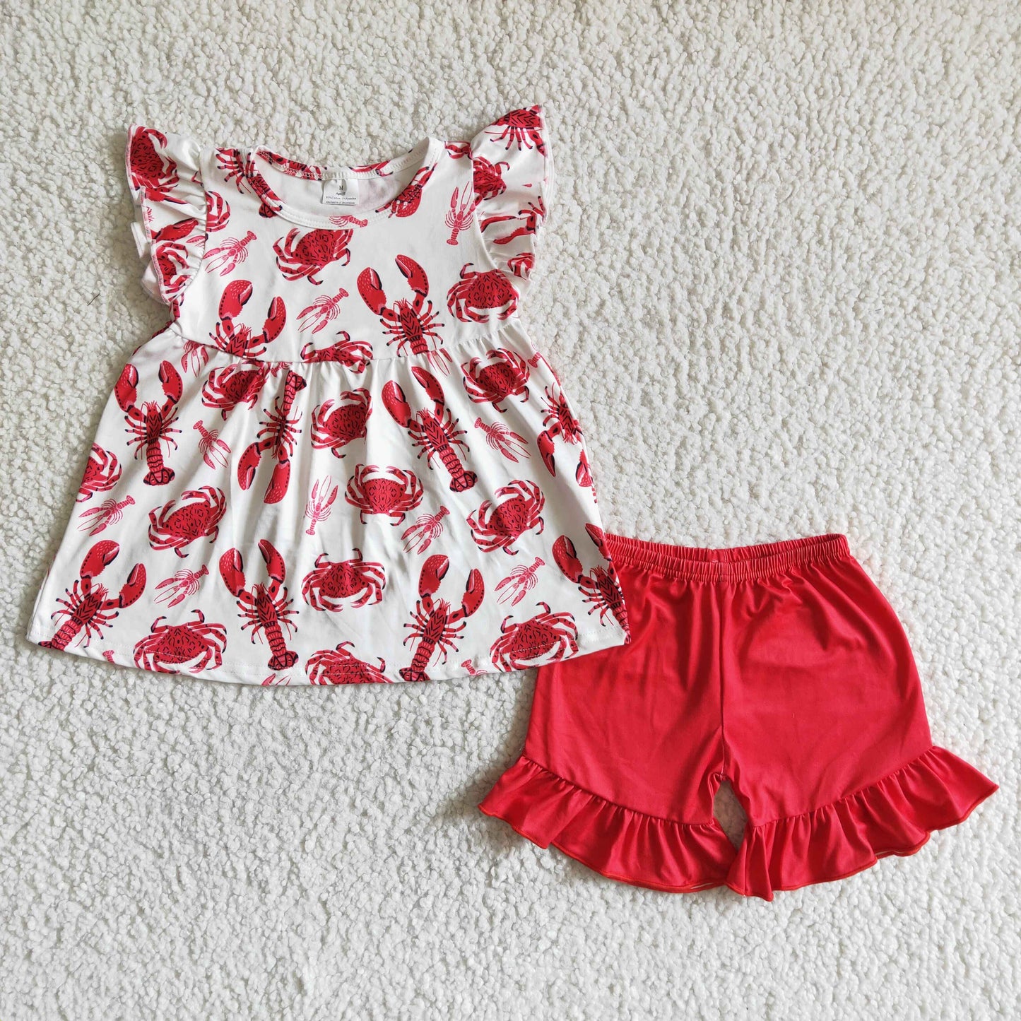 Crawfish crab print flutter sleeve red shorts girls summer C027