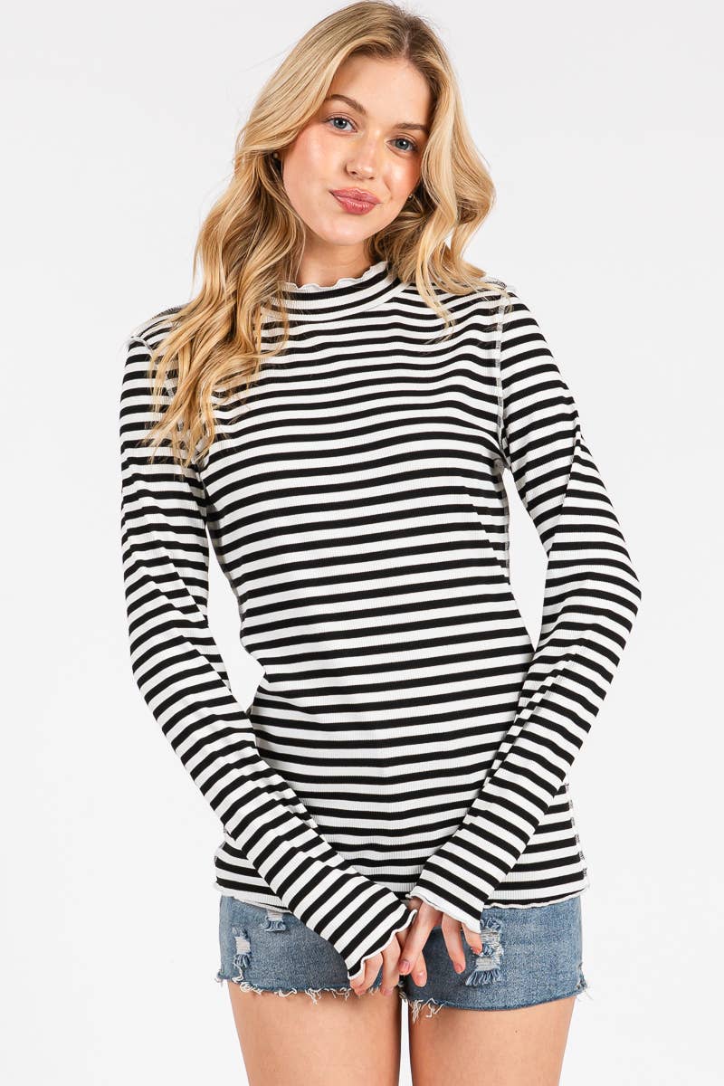 REVERSED STITCH RIBBED STRIPE LONG SLEEVE TOP-RSRSLS