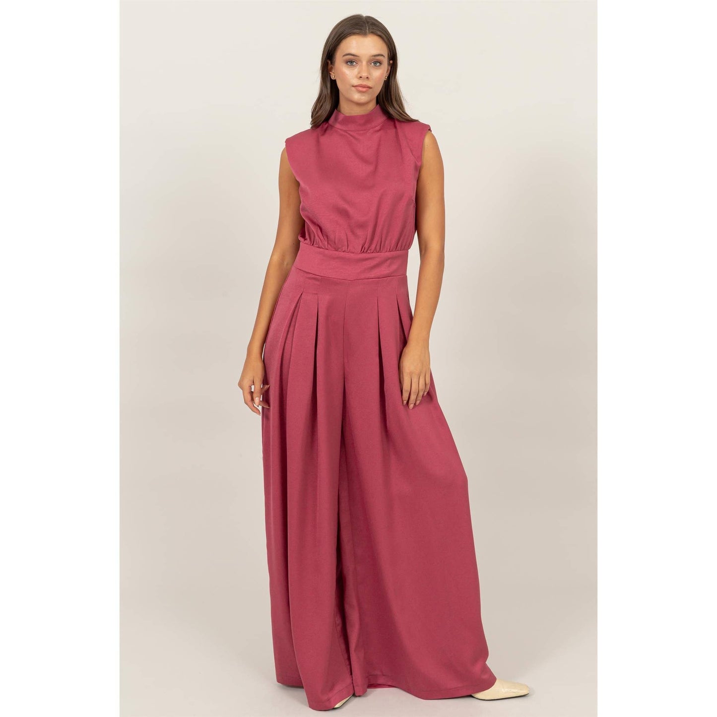 SLEEVELESS WIDE LEG SATIN JUMPSUIT HF24G072-