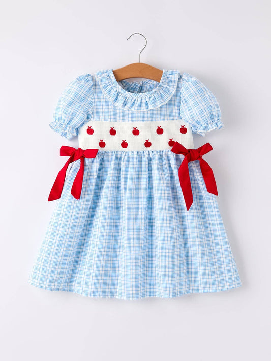 Back to School Blue Plaid Girls Cotton Dress Apple Embroidery DRG52471