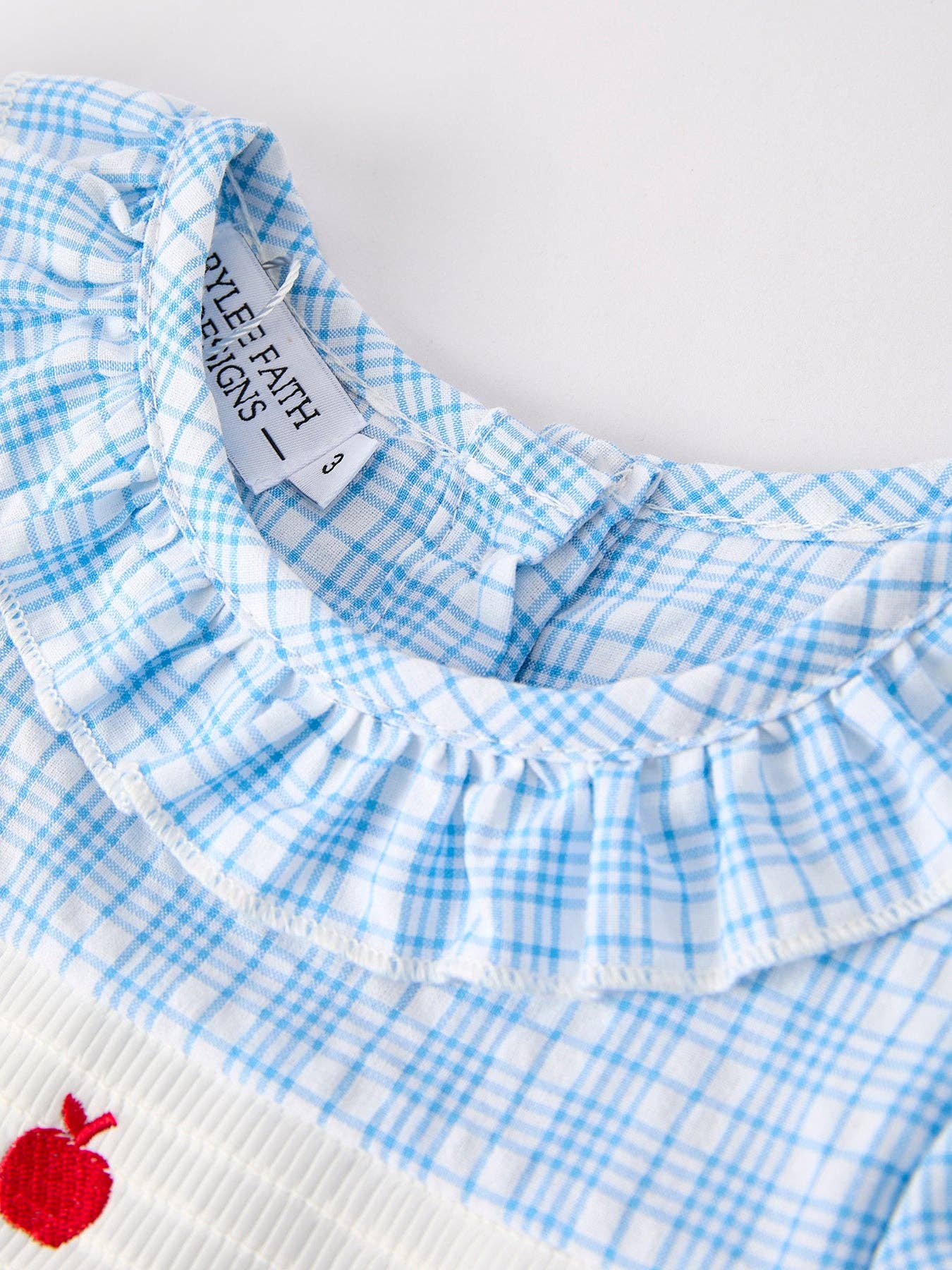 Back to School Blue Plaid Girls Cotton Dress Apple Embroidery DRG52471