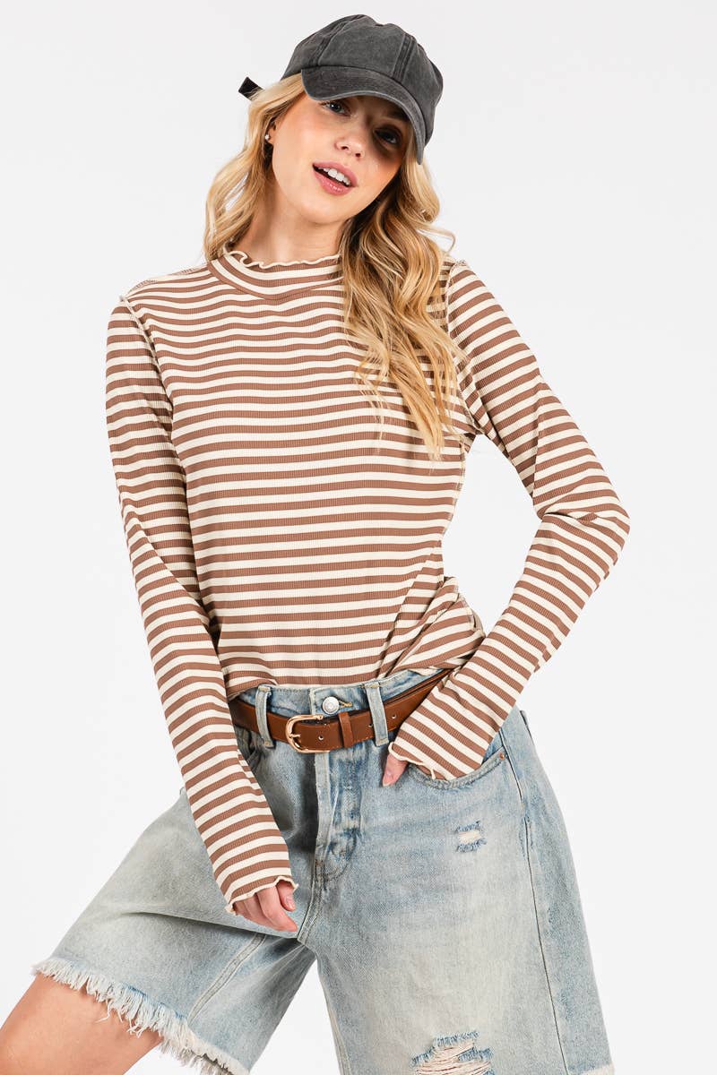 REVERSED STITCH RIBBED STRIPE LONG SLEEVE TOP-RSRSLS