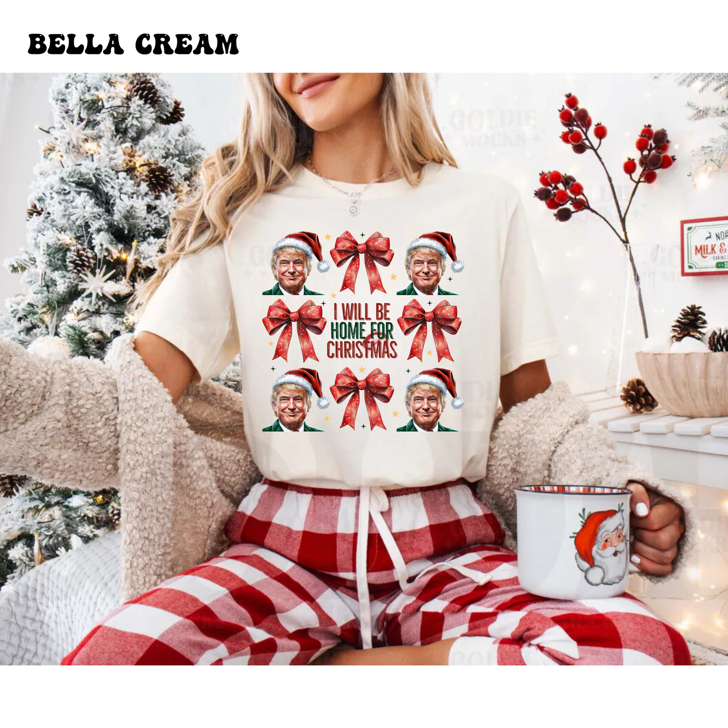 I will be home for Christmas (trump in Christmas hat, red bow font in the center) T-SHIRT