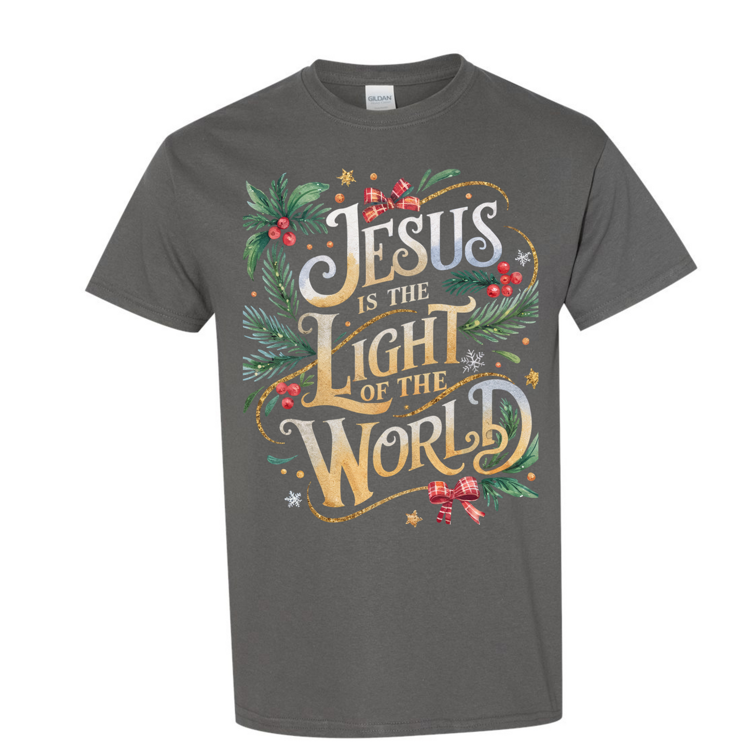 Jesus is the light world (gold font, red bows and greenery) T shirt (gildan)
