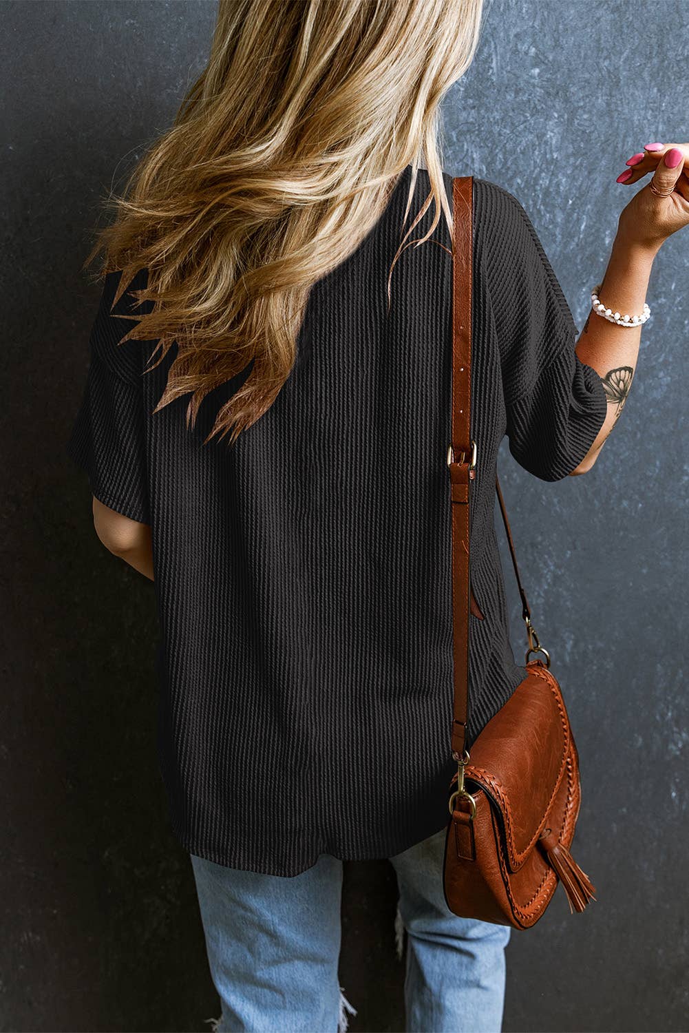 ✅Corded V Neck Chest Pocket Loose T-shirt 3174