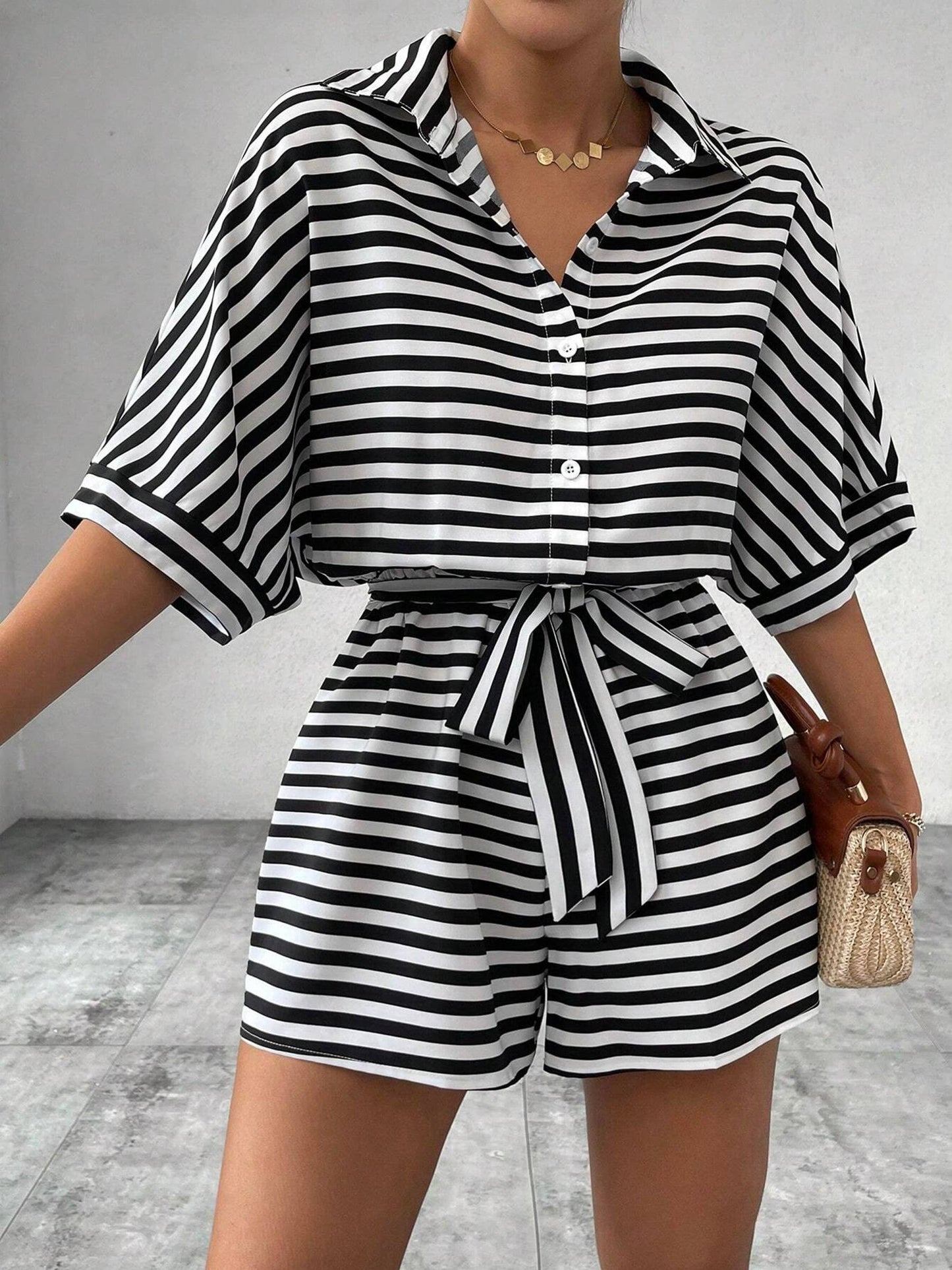 Striped Lapel Button Waistband Shorts Jumpsuit FRAX1
