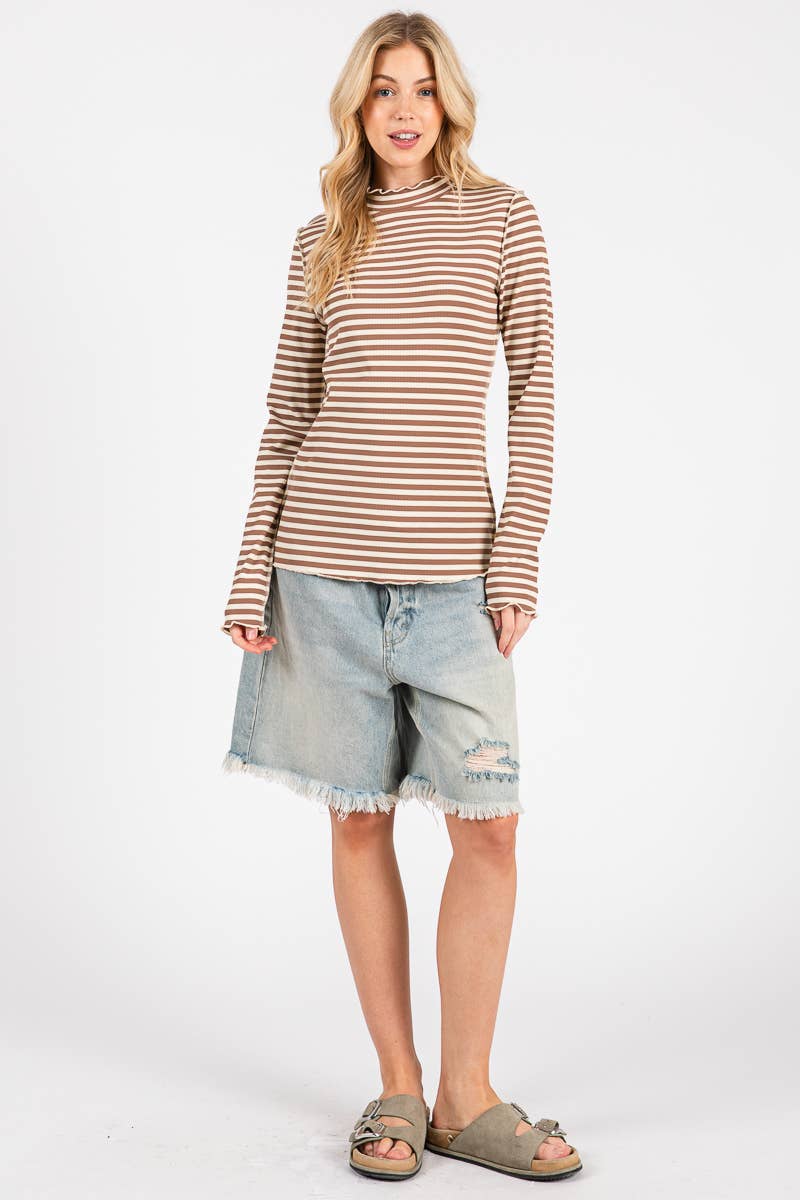 REVERSED STITCH RIBBED STRIPE LONG SLEEVE TOP-RSRSLS