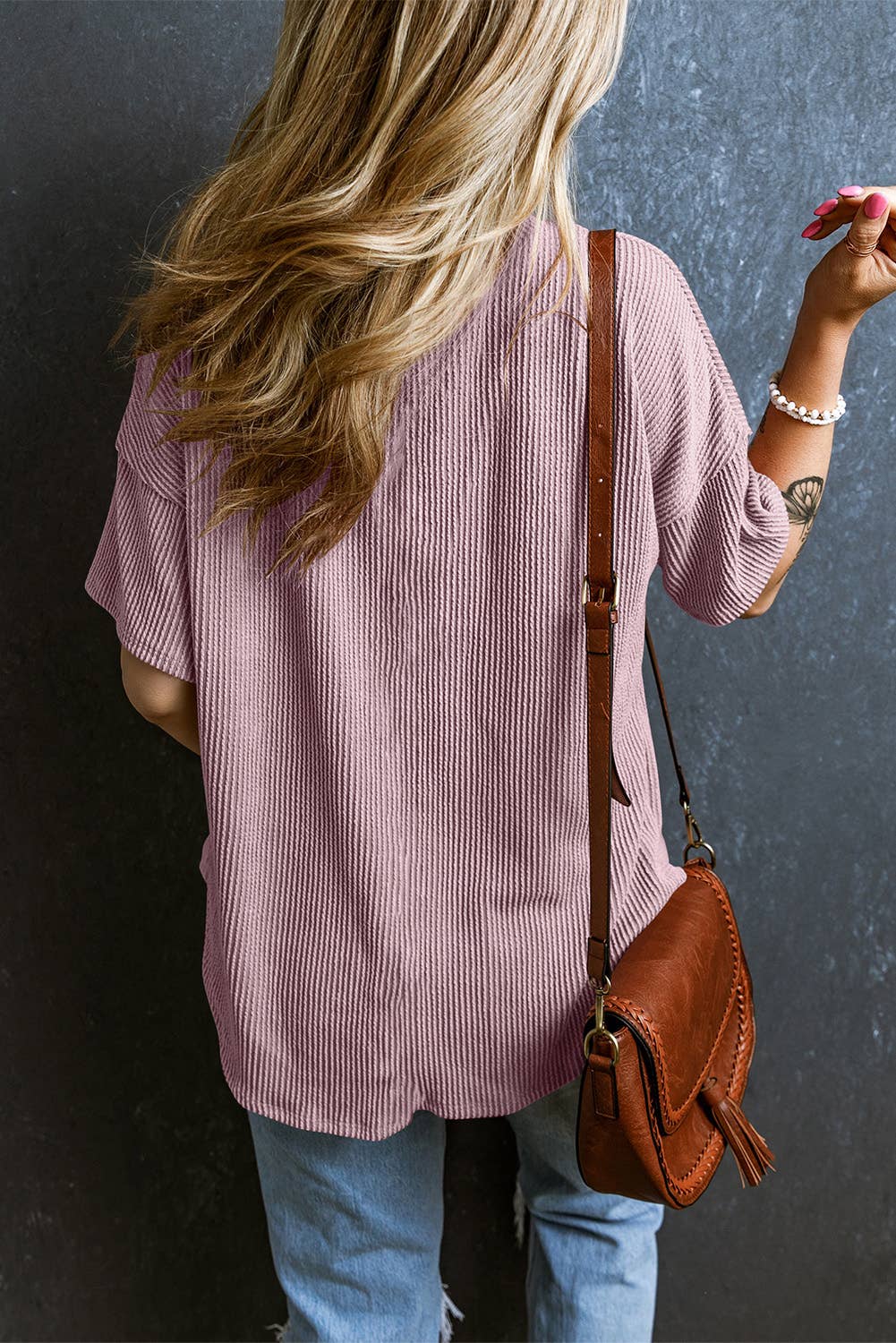 ✅Corded V Neck Chest Pocket Loose T-shirt 3174