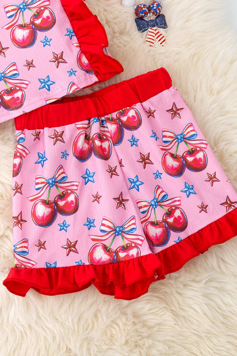 Girl’s Patriotic Cherry Print Pink Set OFG5481