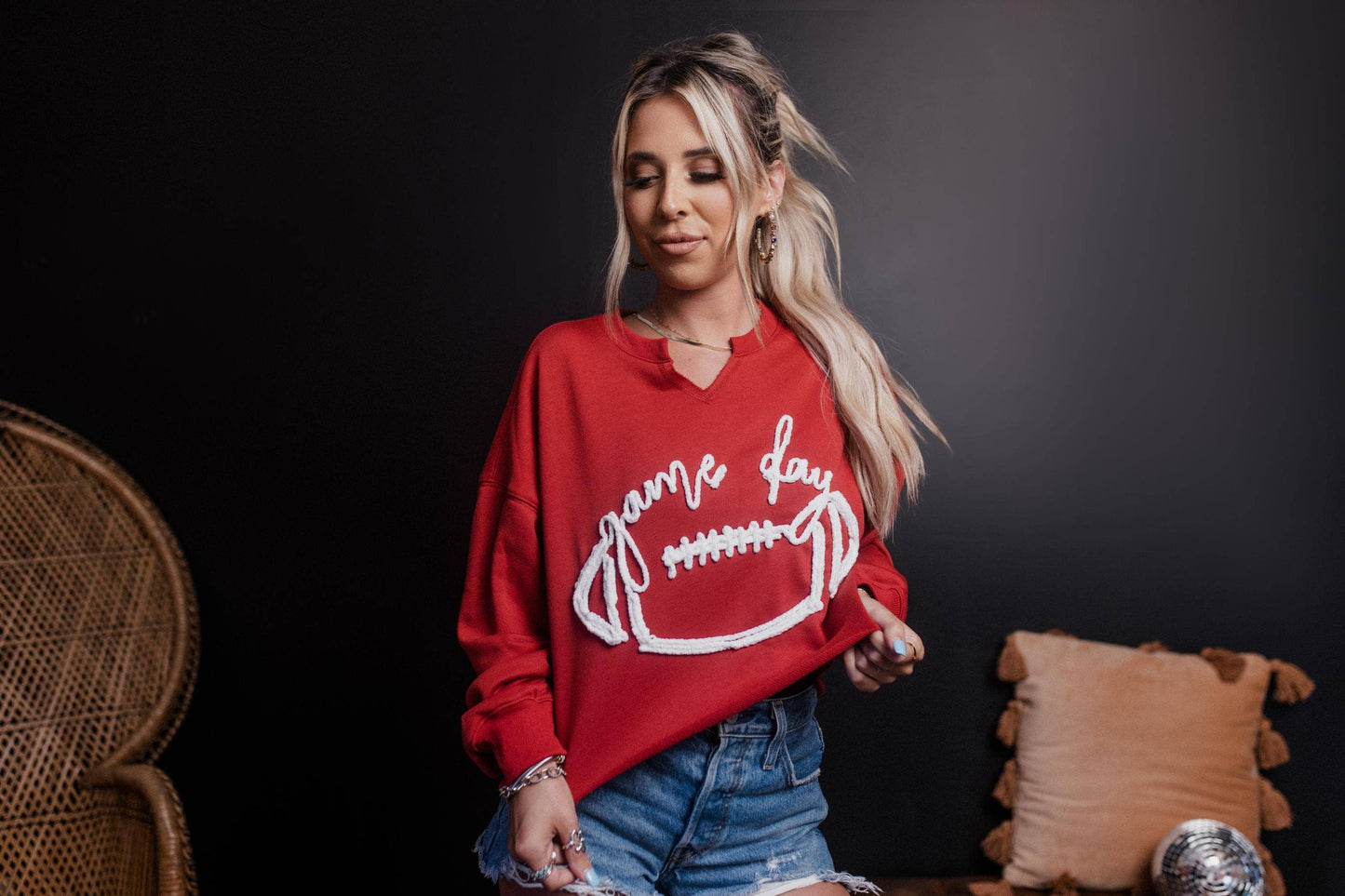MK548 Game Day Rope Embroidery Crop Sweatshirt MK548