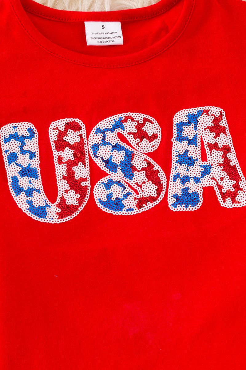 Girl’s Set USA Sequin Appliqué Red Top & Stripe Shorts OFG596