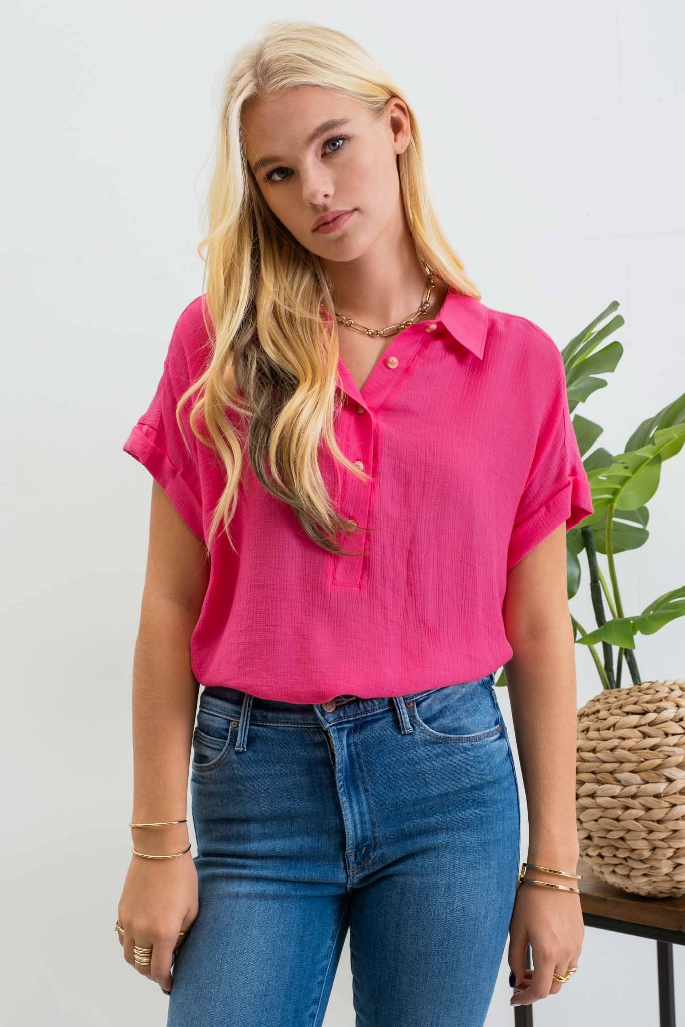 MID BUTTON DOWN CUFFED SHORT SLEEVE TOP CR1980