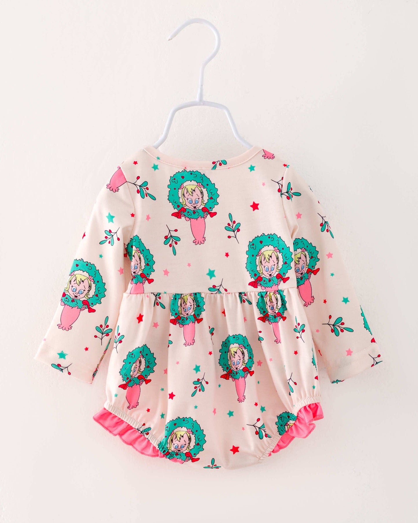 ✅ Beige Ruffle Poctet Baby Girl Bubble Romper RPG40798