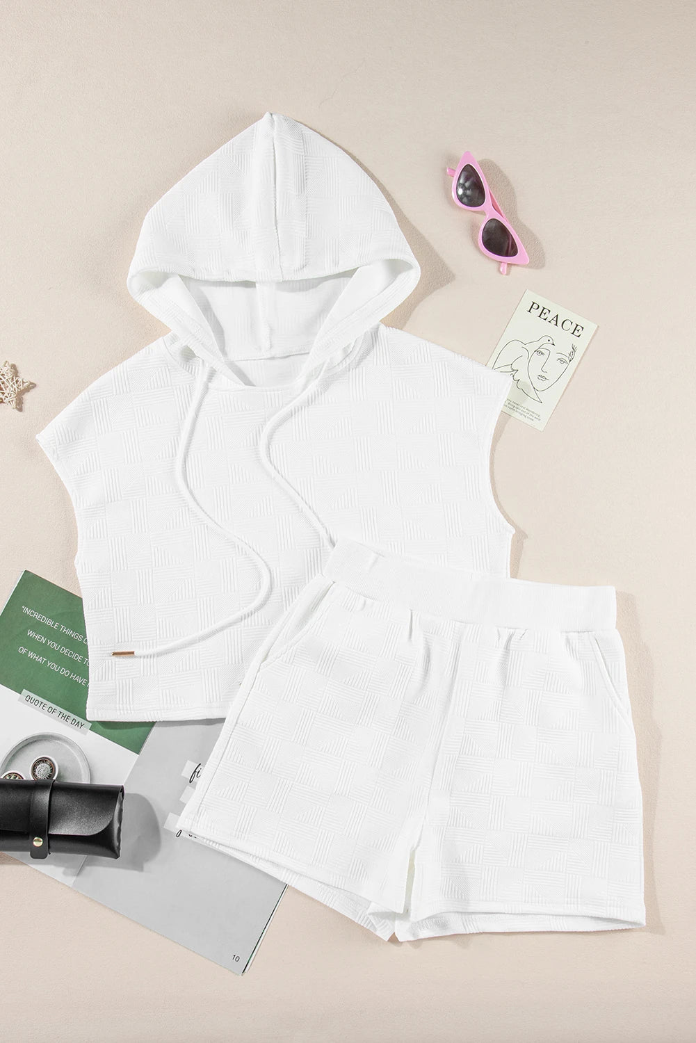 White Textured Cropped Hoodie and Shorts Set -SVT66