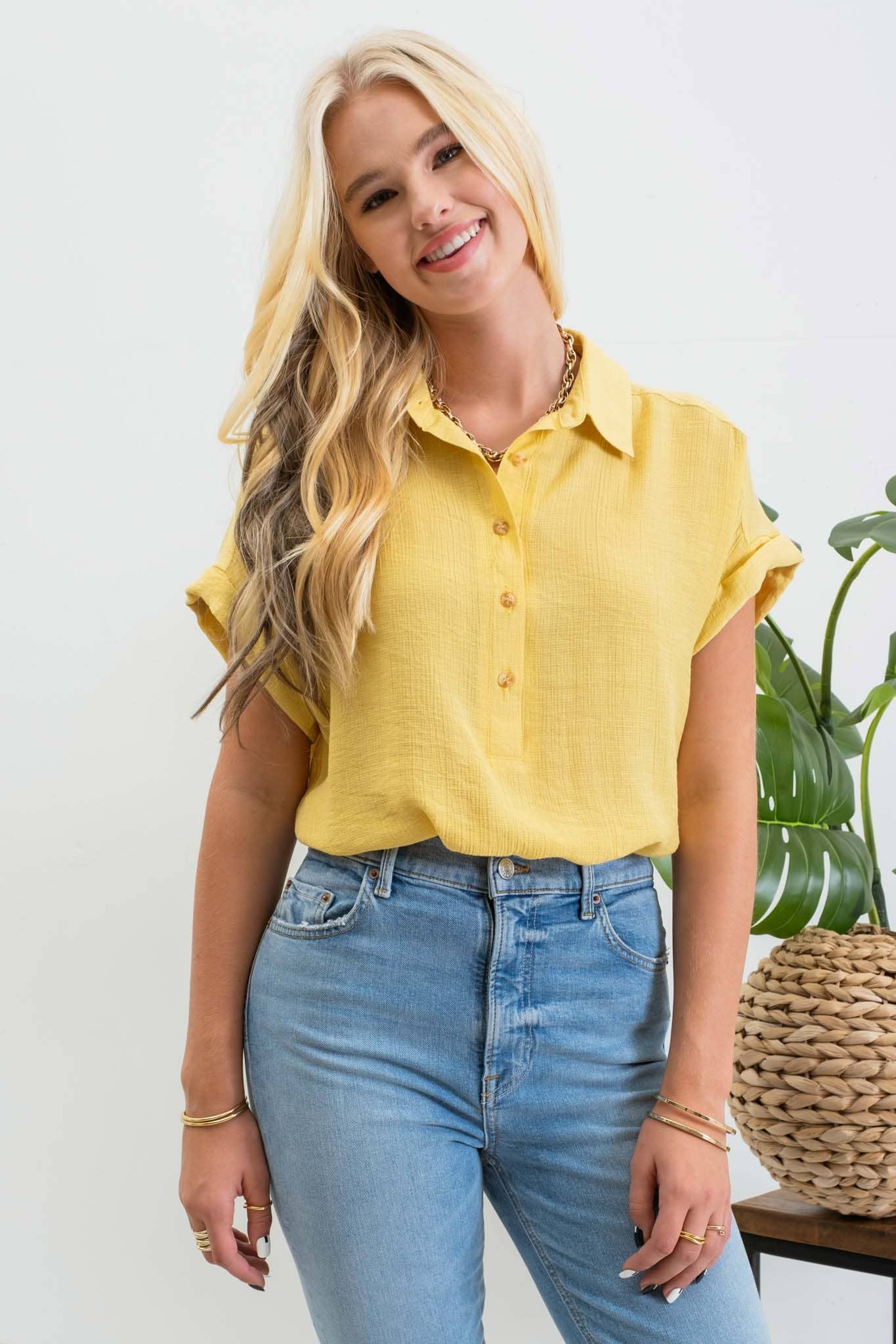 MID BUTTON DOWN CUFFED SHORT SLEEVE TOP CR1980