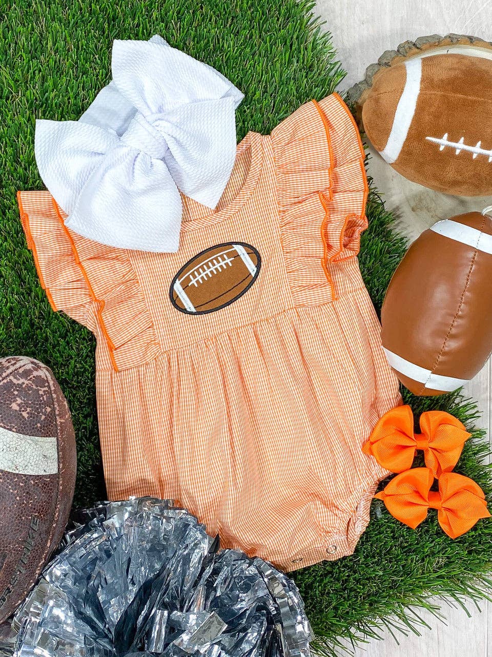 Orange Classic Gingham Football Girls Onesie OCG-FGO
