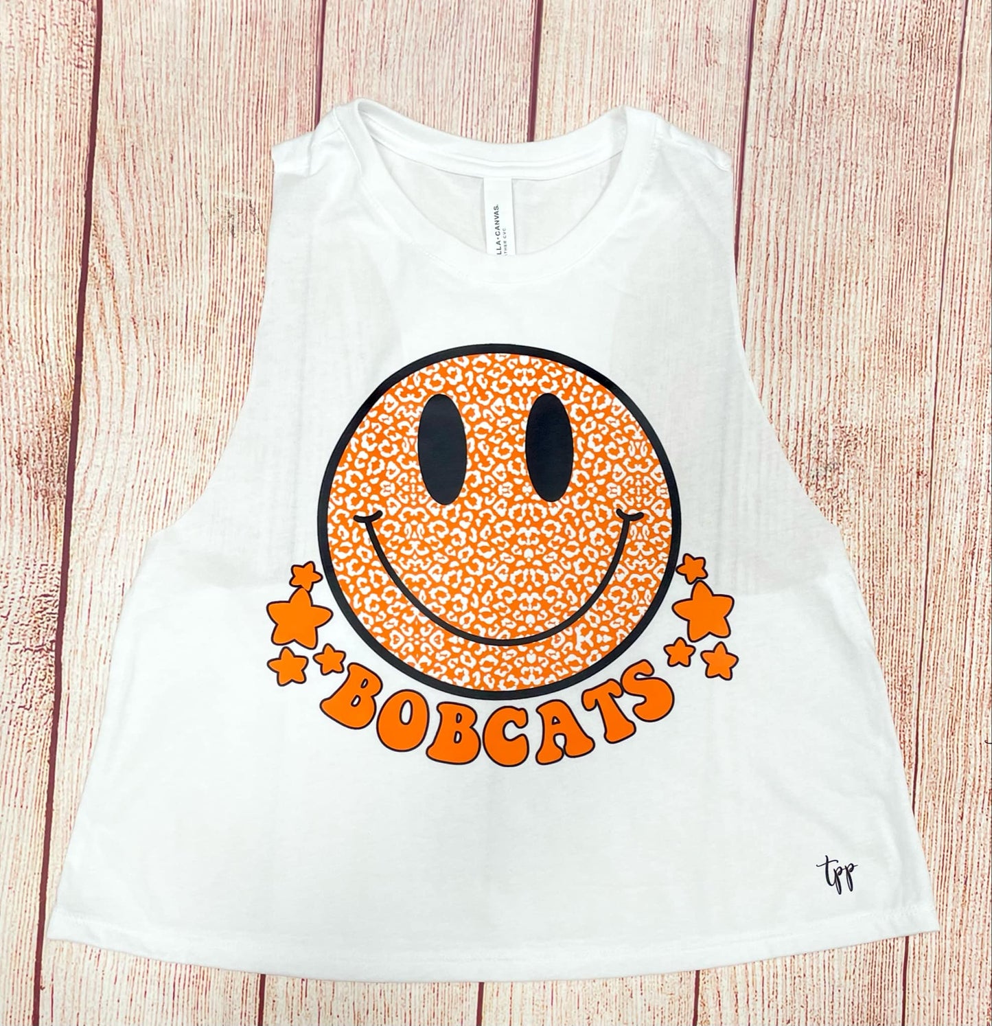 Bobcat smile racerback crop tank