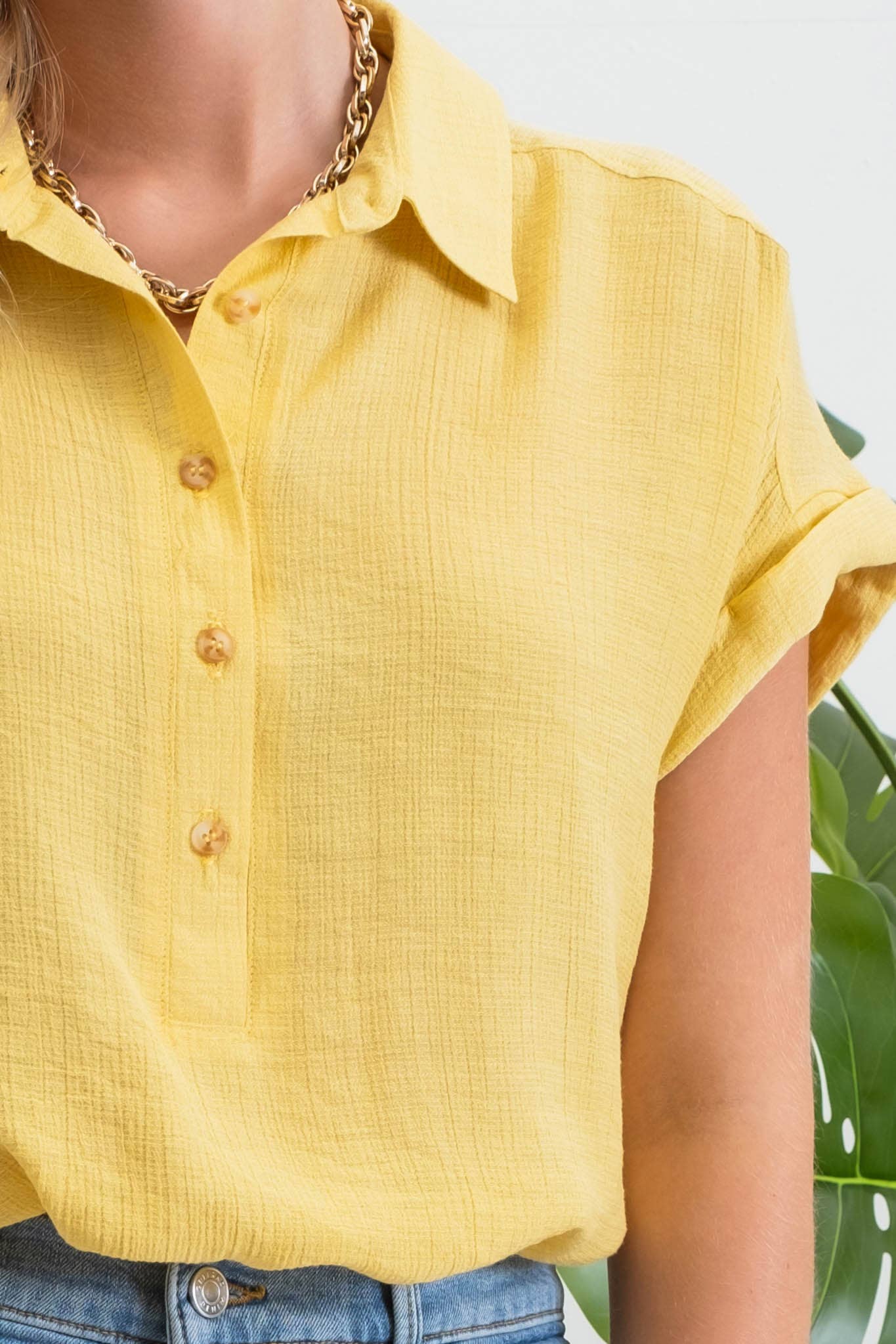 MID BUTTON DOWN CUFFED SHORT SLEEVE TOP CR1980