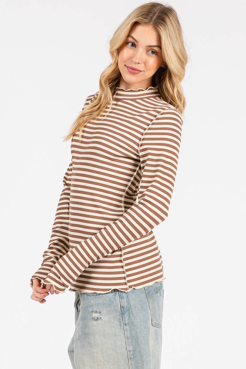 REVERSED STITCH RIBBED STRIPE LONG SLEEVE TOP-RSRSLS