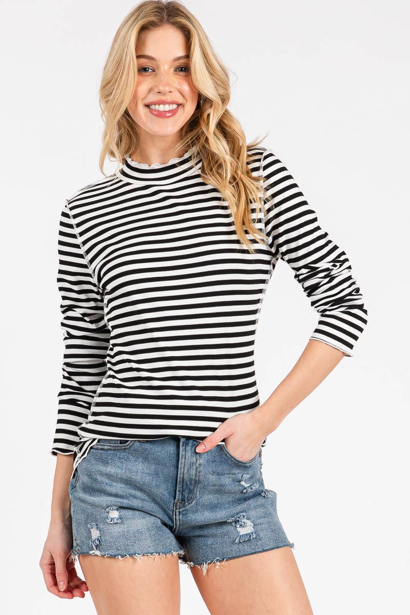 REVERSED STITCH RIBBED STRIPE LONG SLEEVE TOP-RSRSLS
