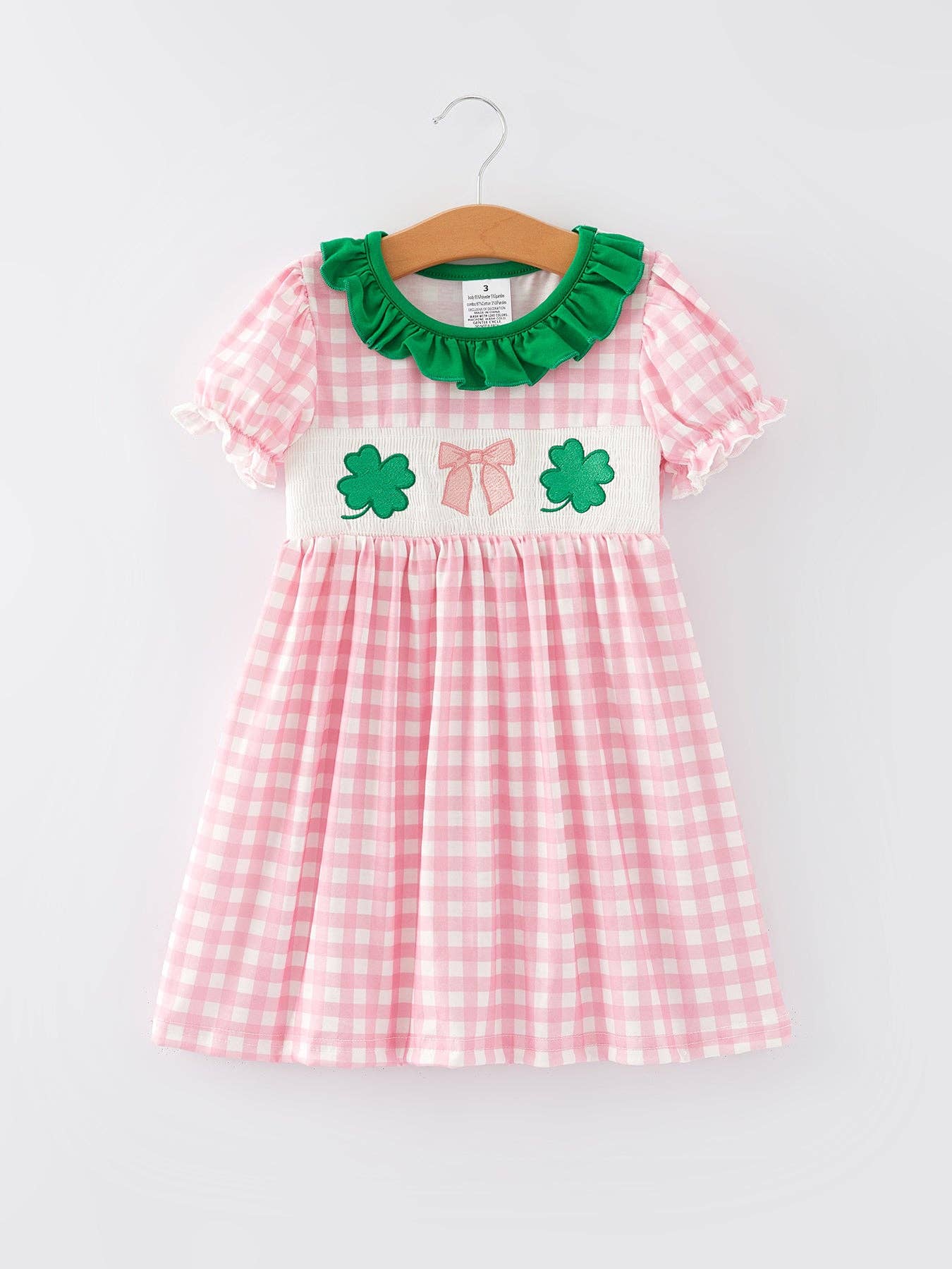St. Patrick's Day Smocking 4-leaf Clover Plaid Bow Embroidered Dress DRG43529