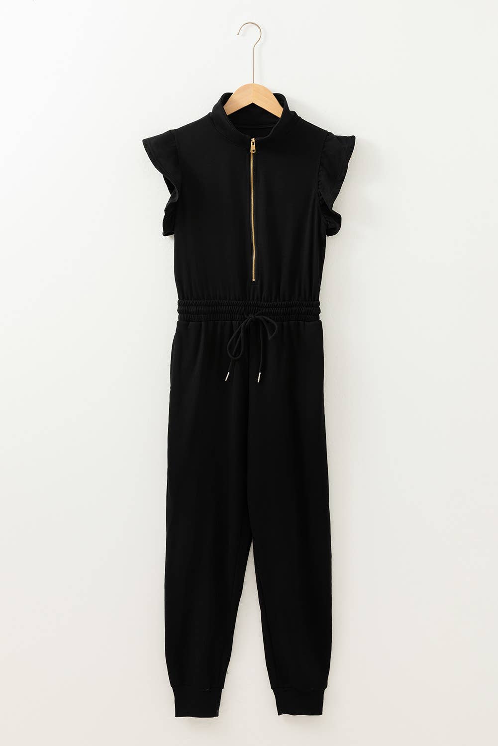 Zipper Front Short Sleeve Drawstring High Waist Jumpsuit LA641