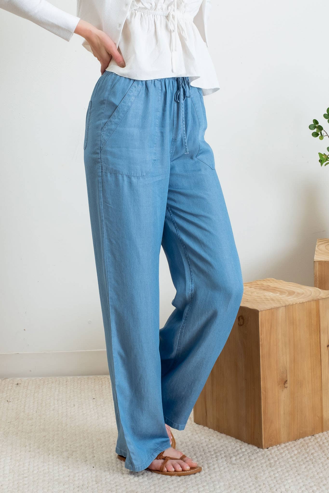 CHAMBRAY HIGH WAIST DRAWSTRING PANTS TB8712