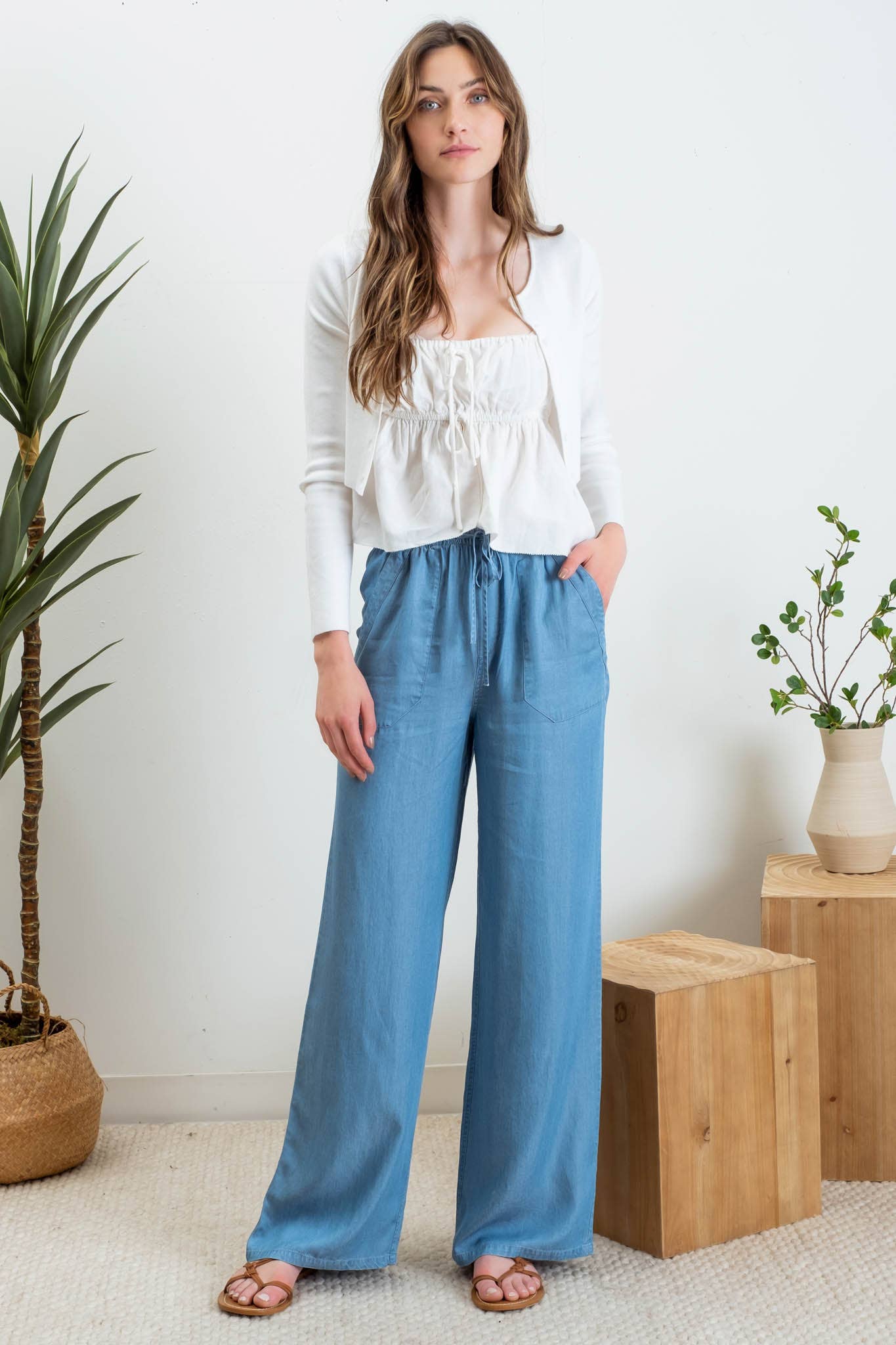 CHAMBRAY HIGH WAIST DRAWSTRING PANTS TB8712