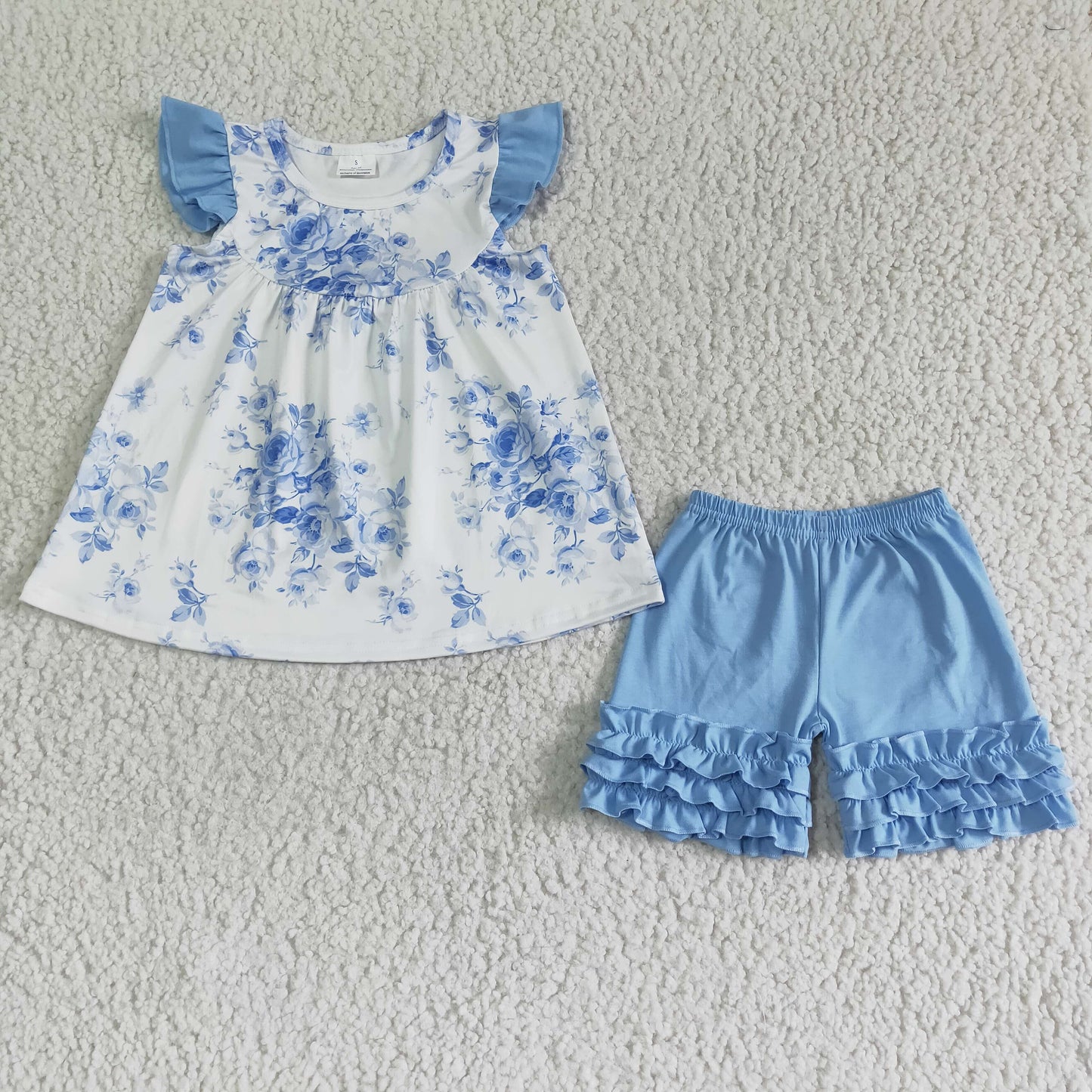 Blue floral icing ruffle shorts girls summer clothing A149S
