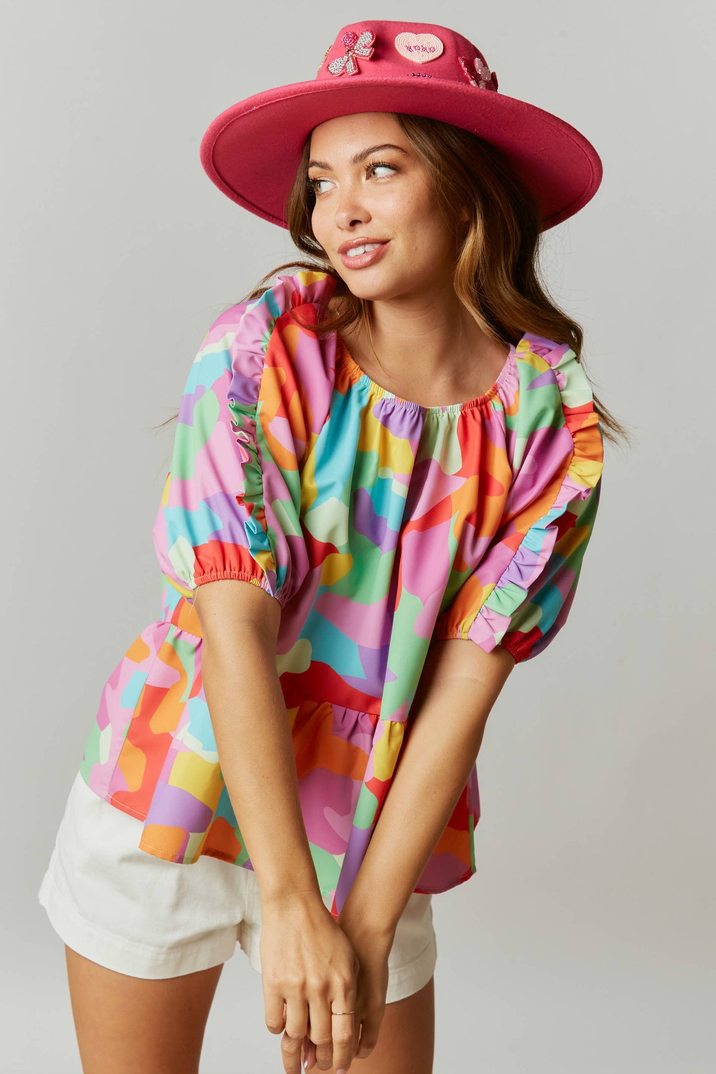 Abstract Print Ruffled Babydoll Blouse