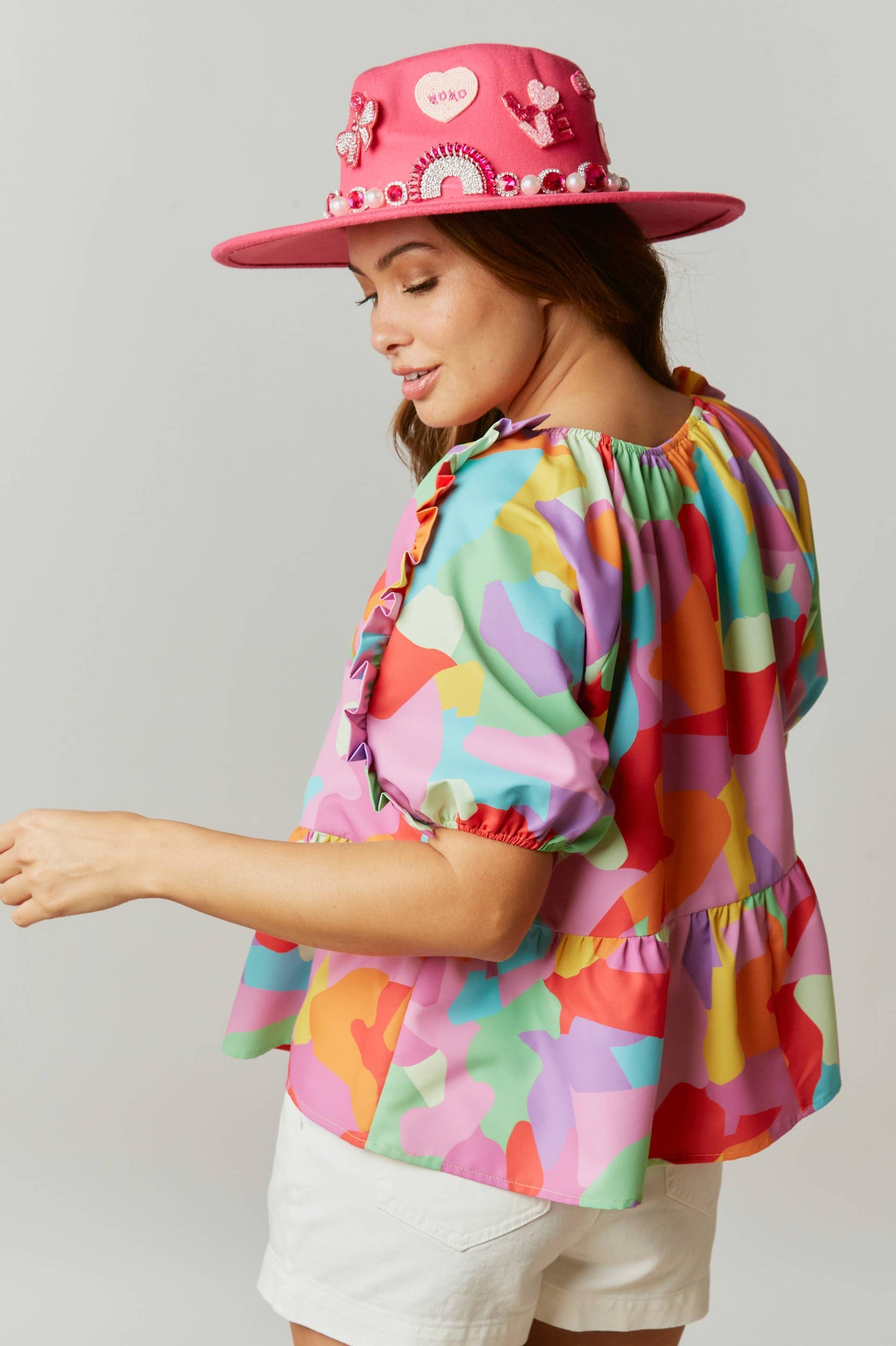 Abstract Print Ruffled Babydoll Blouse