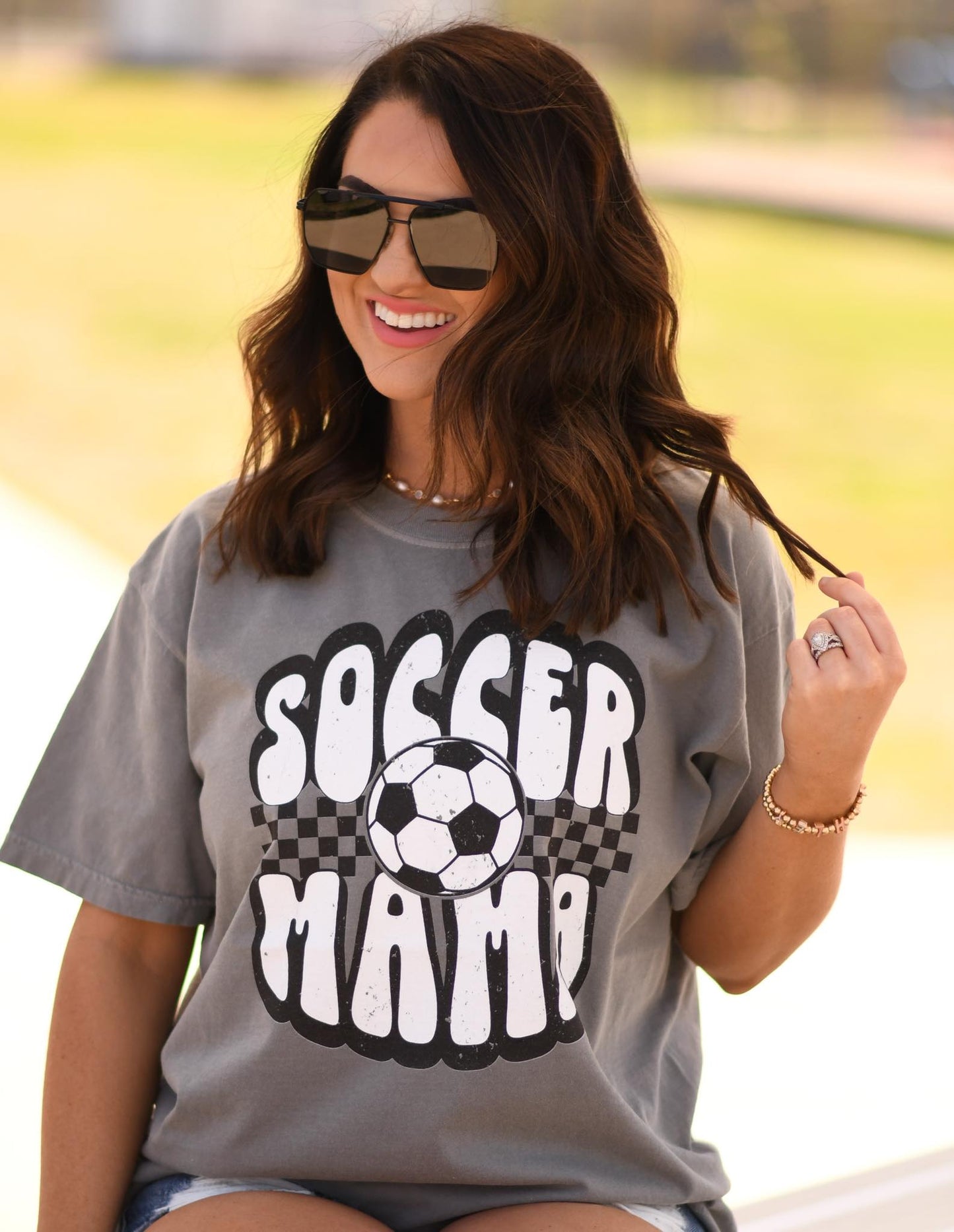 Soccer Mama with Checkered Background - T SHIRT - (Comfort Color)
