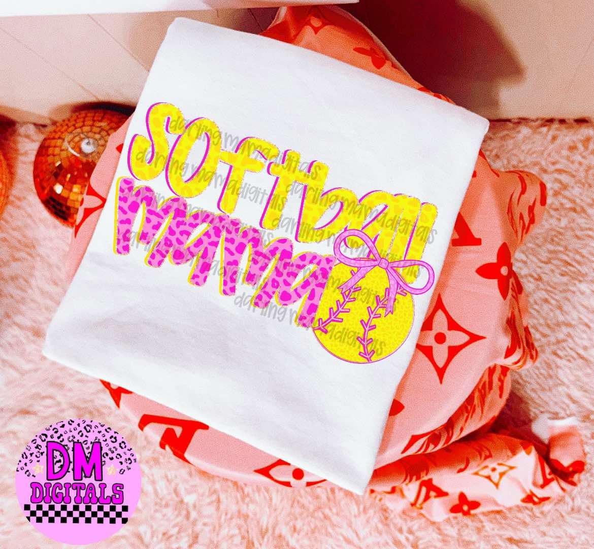 Softball Mama with Pink Bow - T SHIRT- (Gildan)