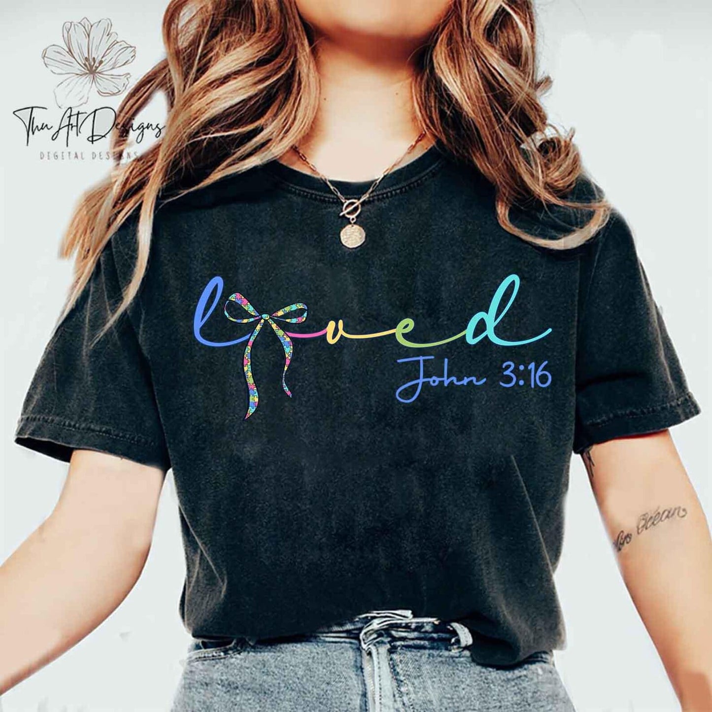 Loved John 3:16 in Cursive with Dainty Bow - T SHIRT - (Comfort Color & Bella)