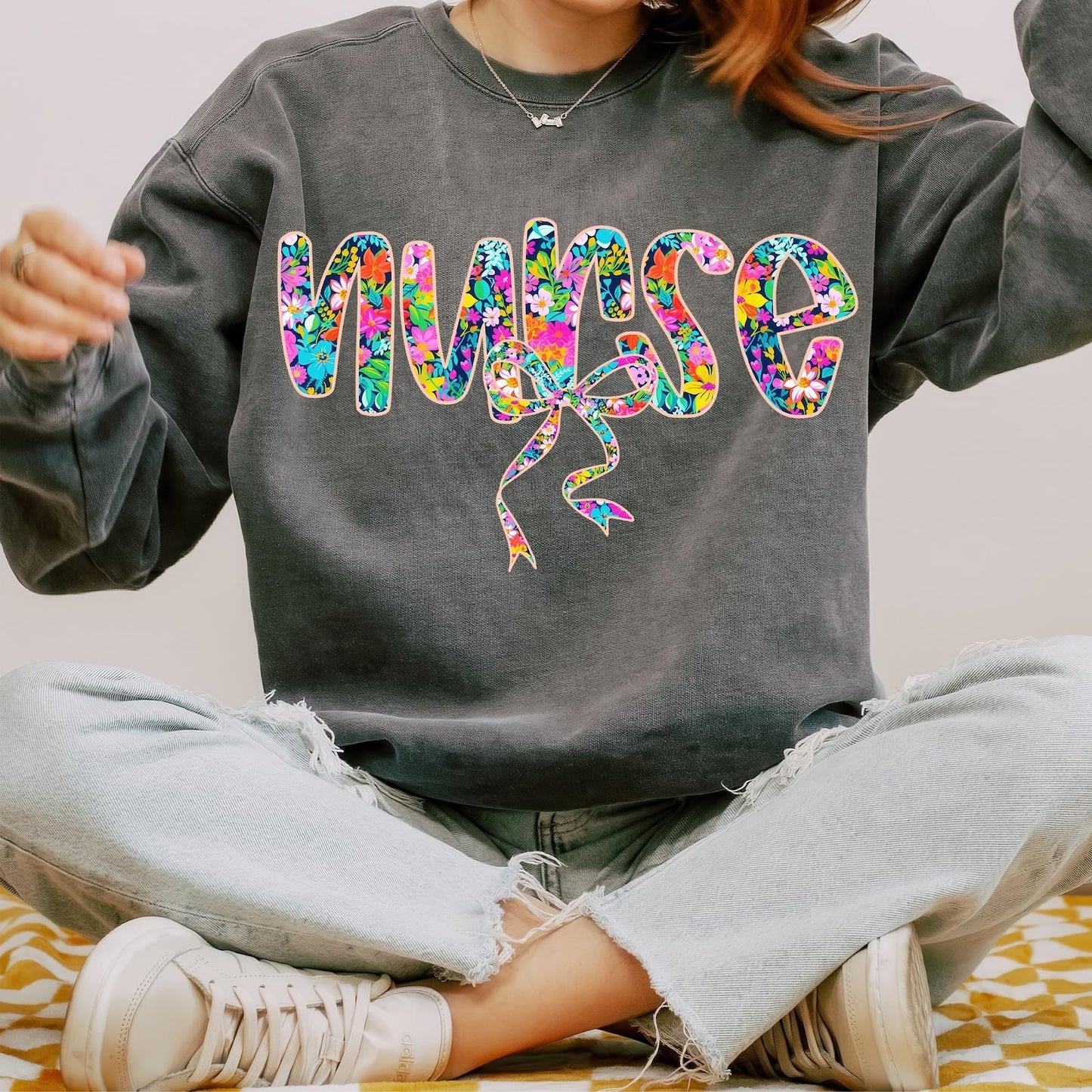 Floral Nurse with Bow - T SHIRT - (Jerzee/Gildan)