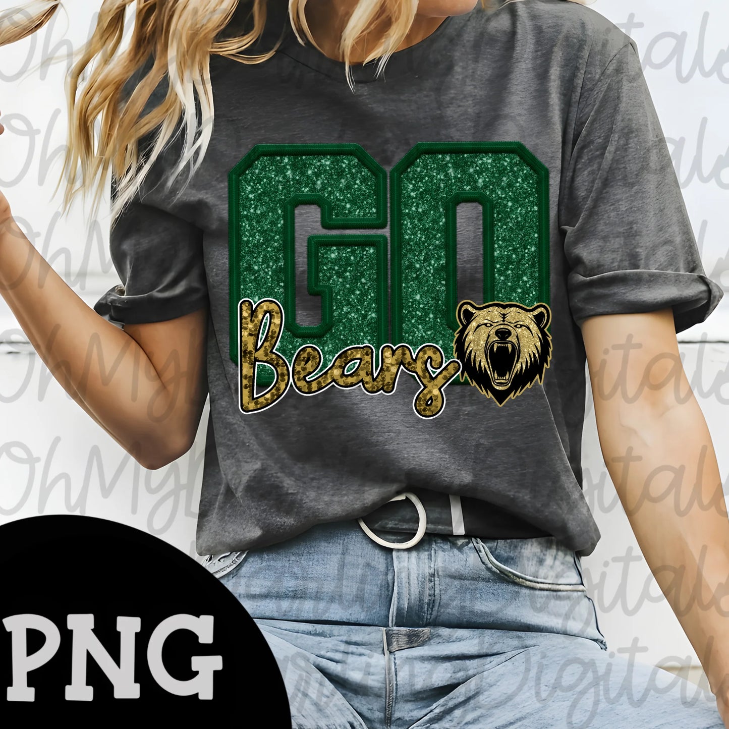 GO BEARS FAUX SEQUIN GLITTER T-SHIRT (GREEN GO GOLD BEARS )